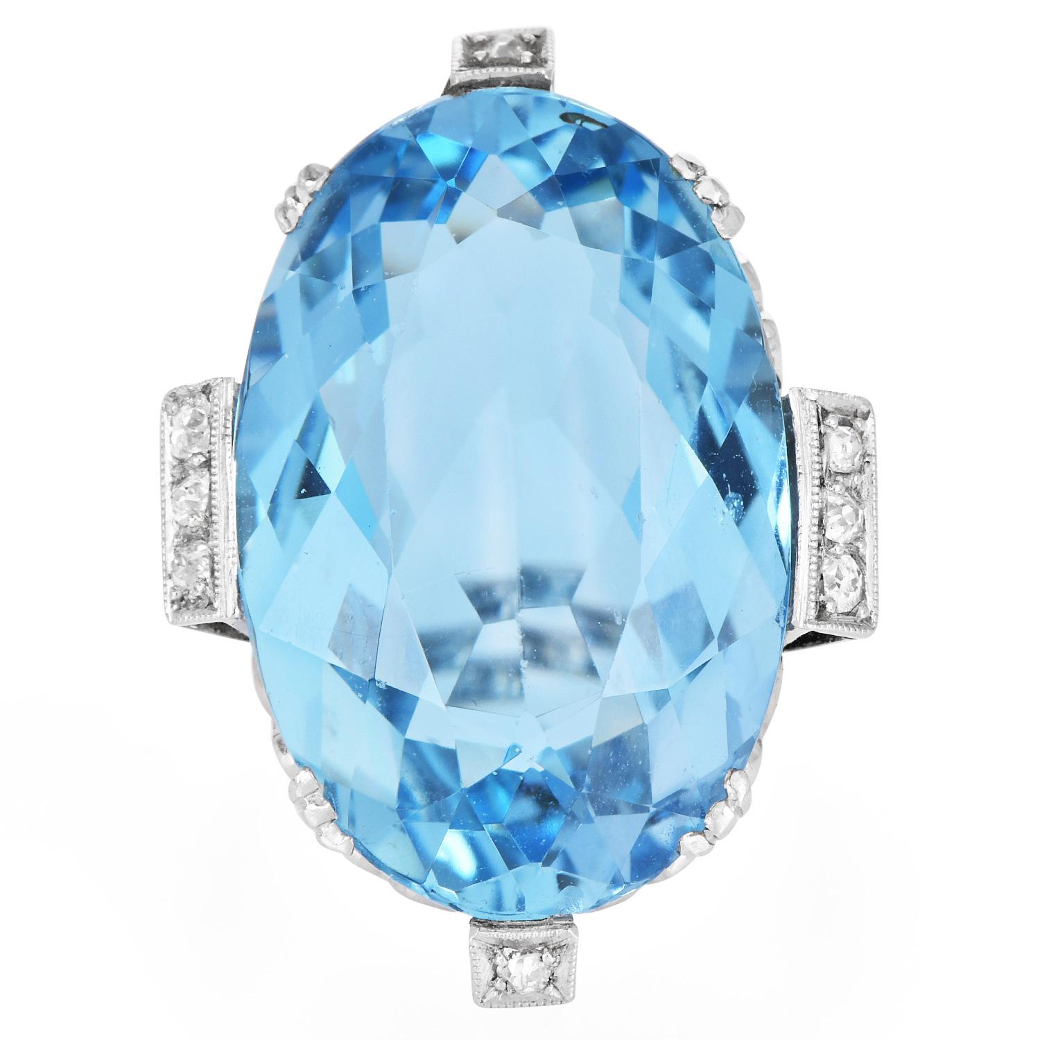 This stunning vintage ring circa 1950 chic ring to own! An Elegant Vintage Retro ring with very Fine Antique Oval Shape Aquamarine in ocean blue color GIA certified measuring: 23.35mm x 15.40mm x 8.58mm and weighing approx. 16.73 carats and set in