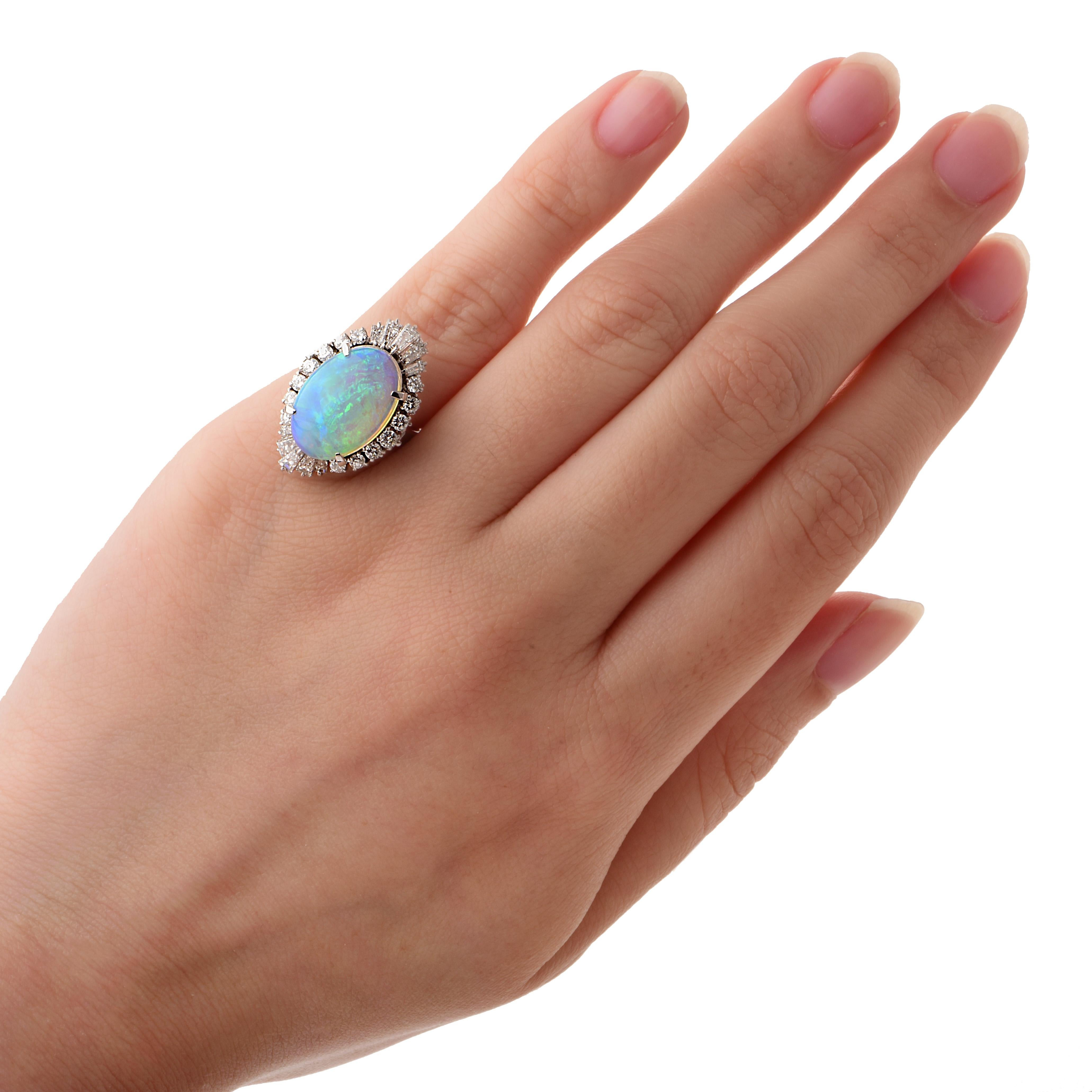 Art Deco 21st Century GIA Opal Diamond Cocktail Platinum Ring For Sale