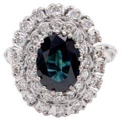 Anello con zaffiro ovale e diamante in oro bianco 18 carati Vintage GIA