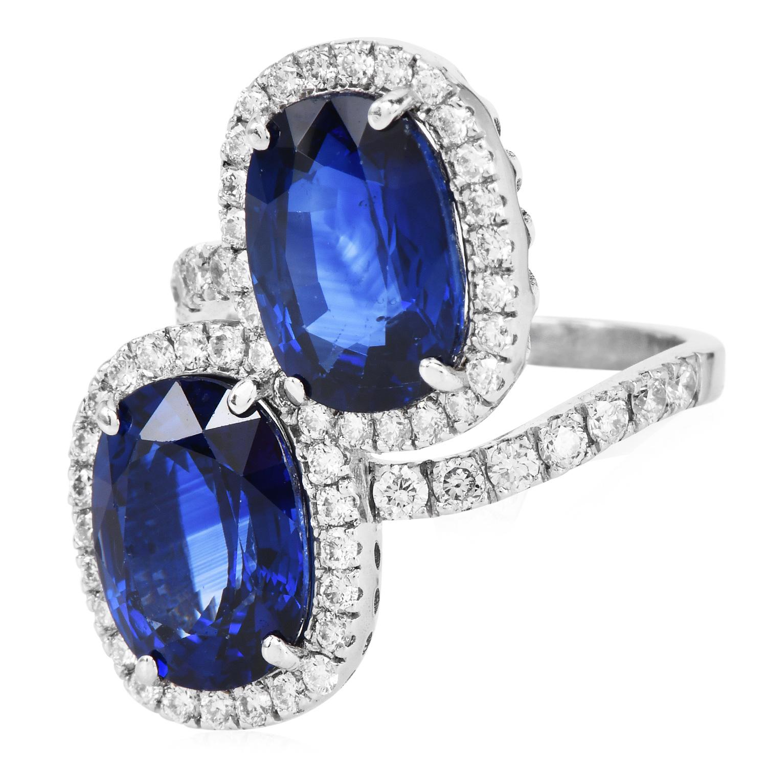 Vintage GIA Oval Sapphire Diamond Platinum Bypass Engagement Ring In Excellent Condition For Sale In Miami, FL