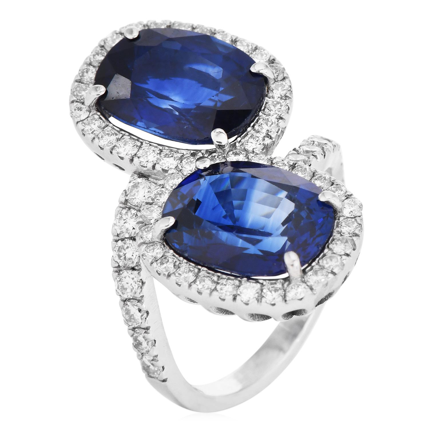 Vintage GIA Oval Sapphire Diamond Platinum Bypass Engagement Ring For Sale 2
