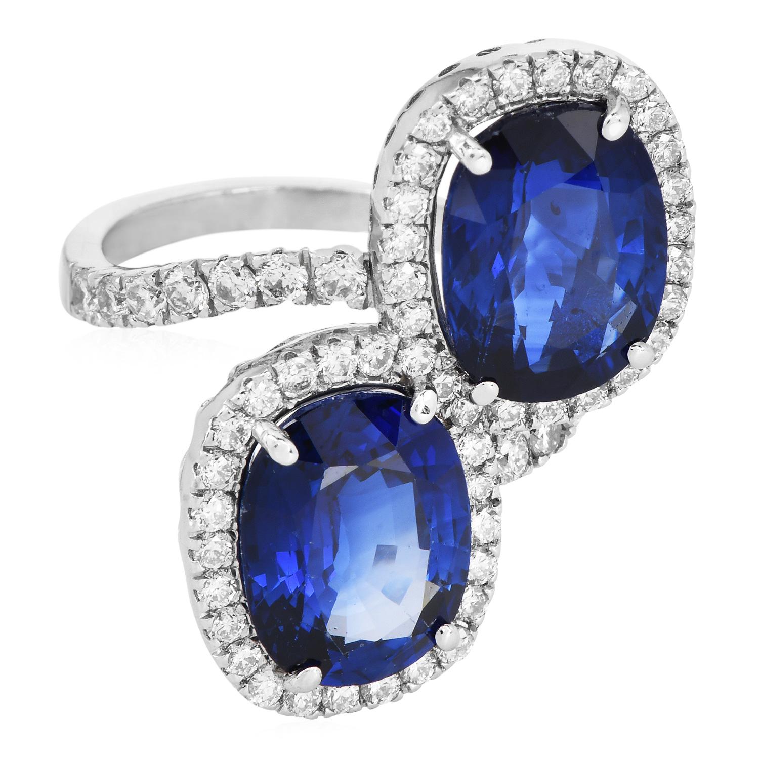 Vintage GIA Oval Sapphire Diamond Platinum Bypass Engagement Ring For Sale 4