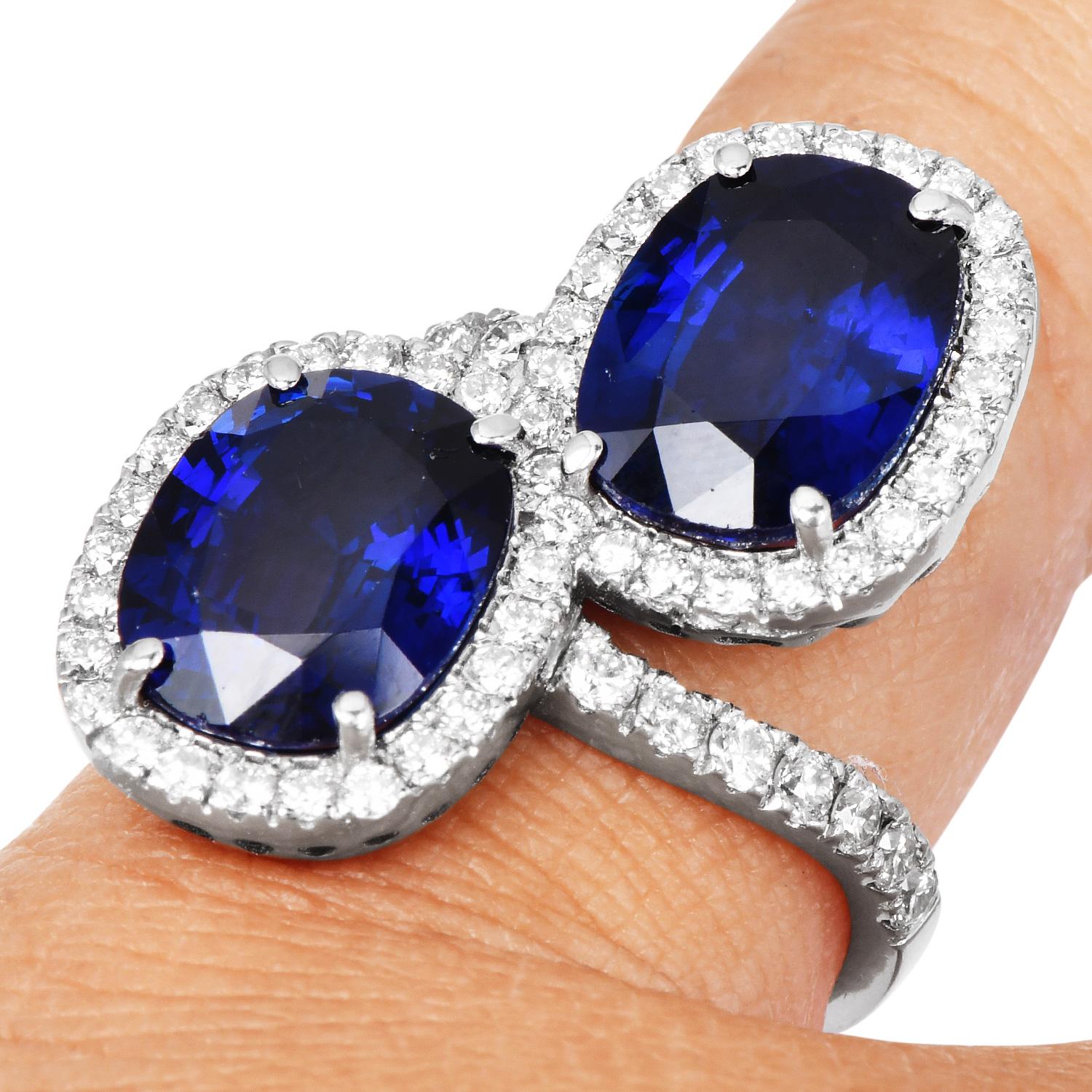 Vintage GIA Oval Sapphire Diamond Platinum Bypass Engagement Ring For Sale 6