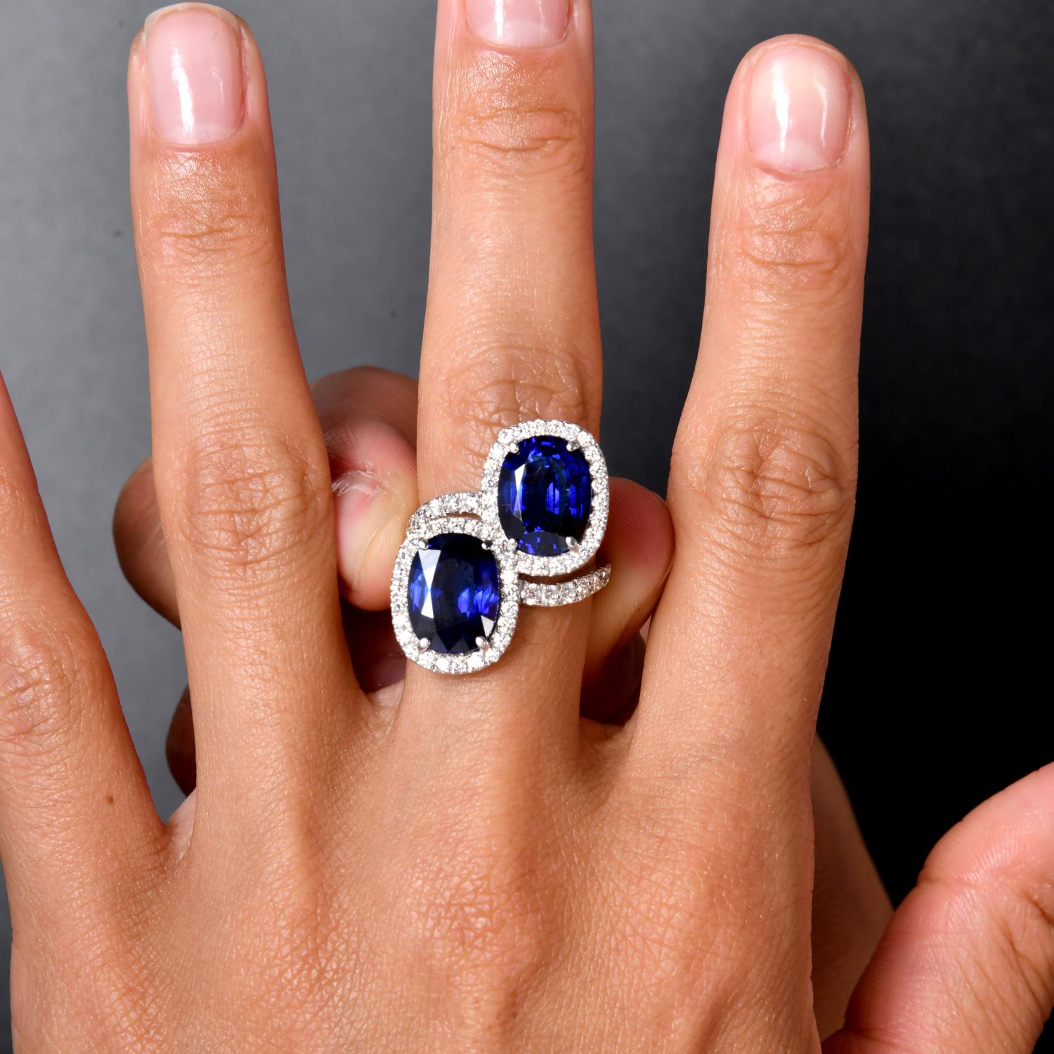 Vintage GIA Oval Sapphire Diamond Platinum Bypass Engagement Ring For Sale 7