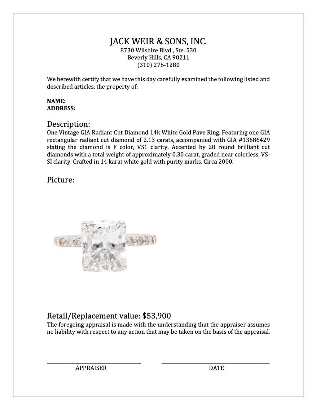 Vintage Gia Radiant Cut Diamond 14k White Gold Pave Ring 4