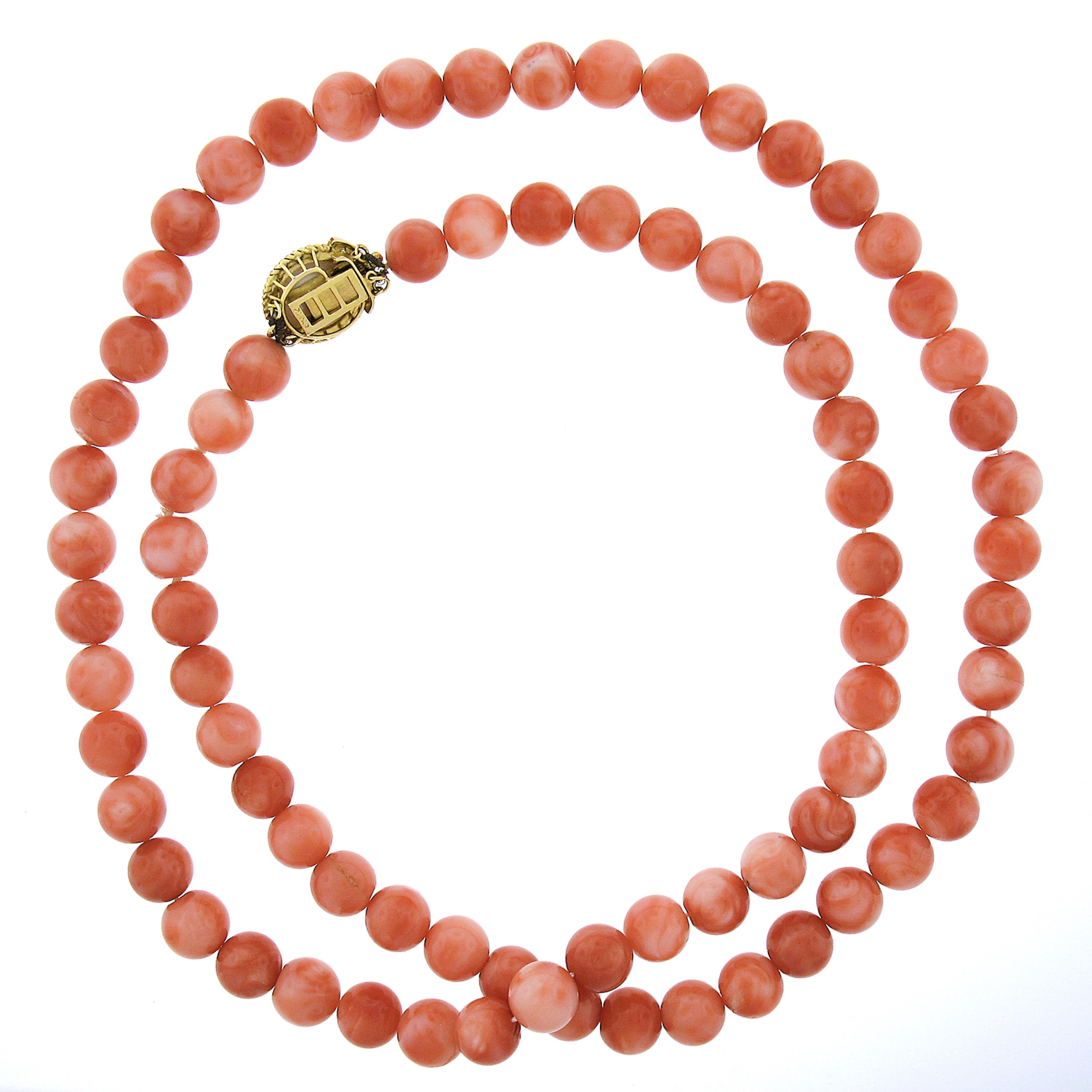 Retro Vintage GIA Red Orange Coral Bead Long Strand Necklace 14K Gold Mabe Pearl Clasp