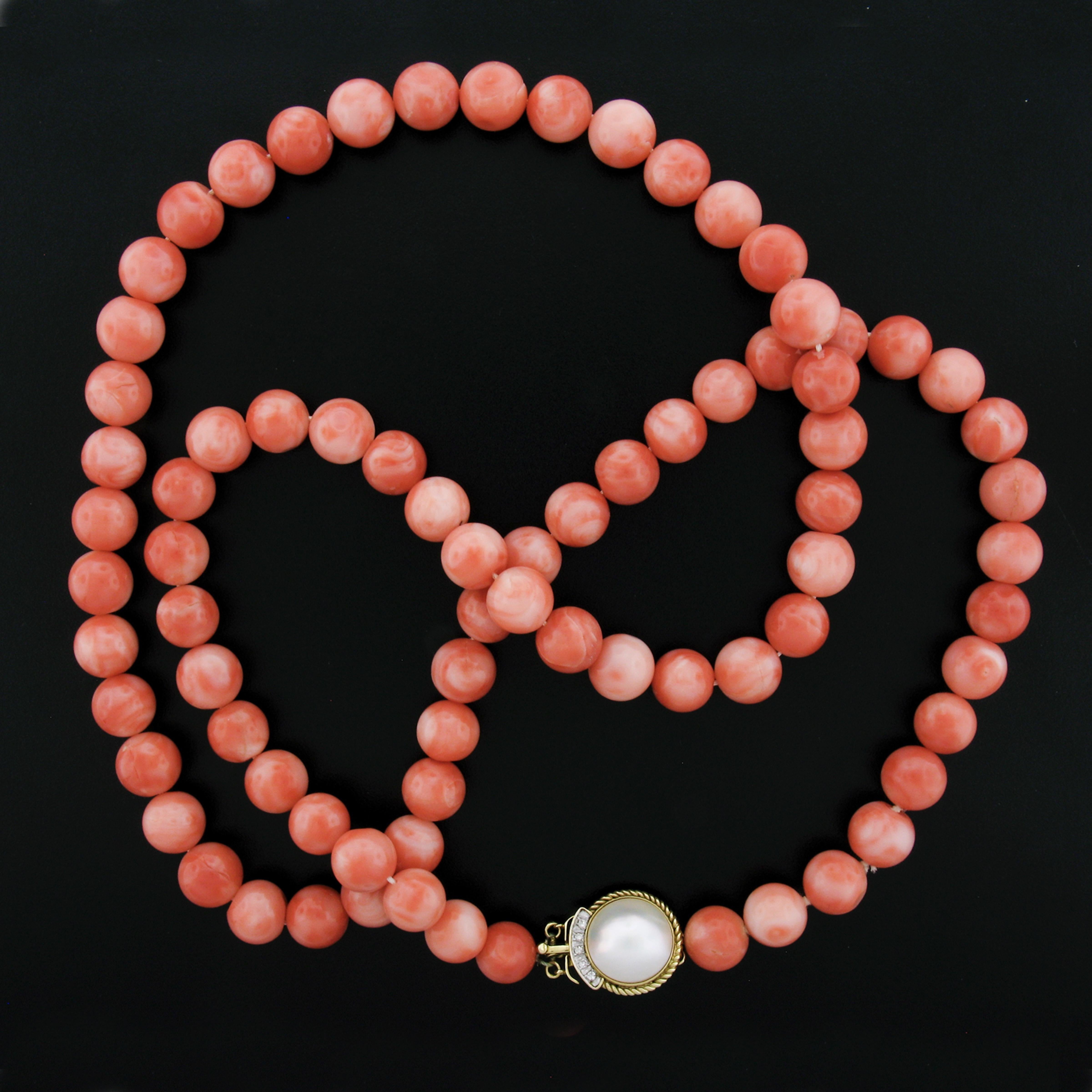 Round Cut Vintage GIA Red Orange Coral Bead Long Strand Necklace 14K Gold Mabe Pearl Clasp