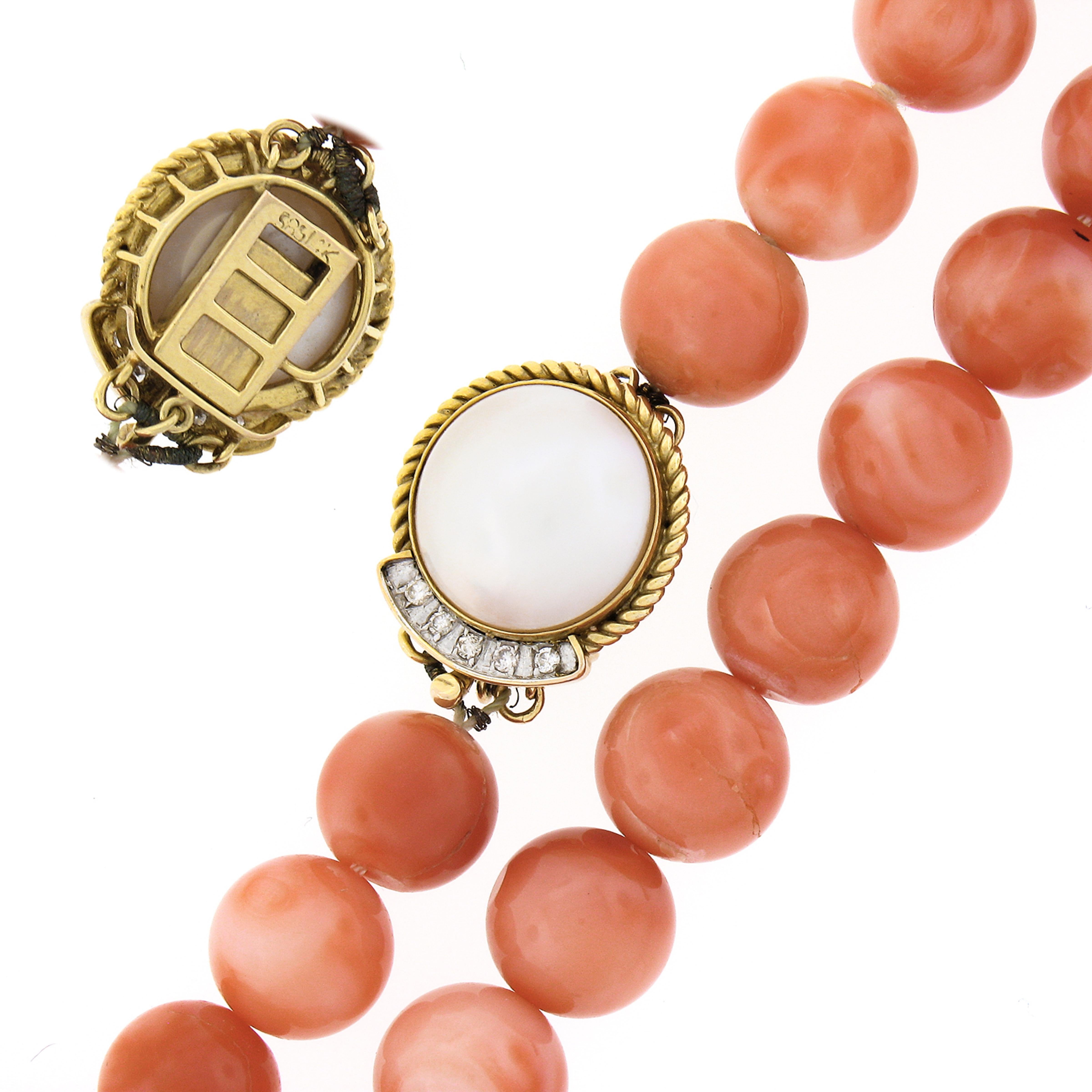 Vintage GIA Red Orange Coral Bead Long Strand Necklace 14K Gold Mabe Pearl Clasp In Good Condition In Montclair, NJ