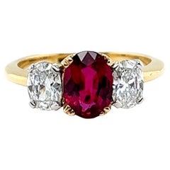 Vintage GIA Ruby Diamond 18 Karat Yellow Gold Three Stone Ring