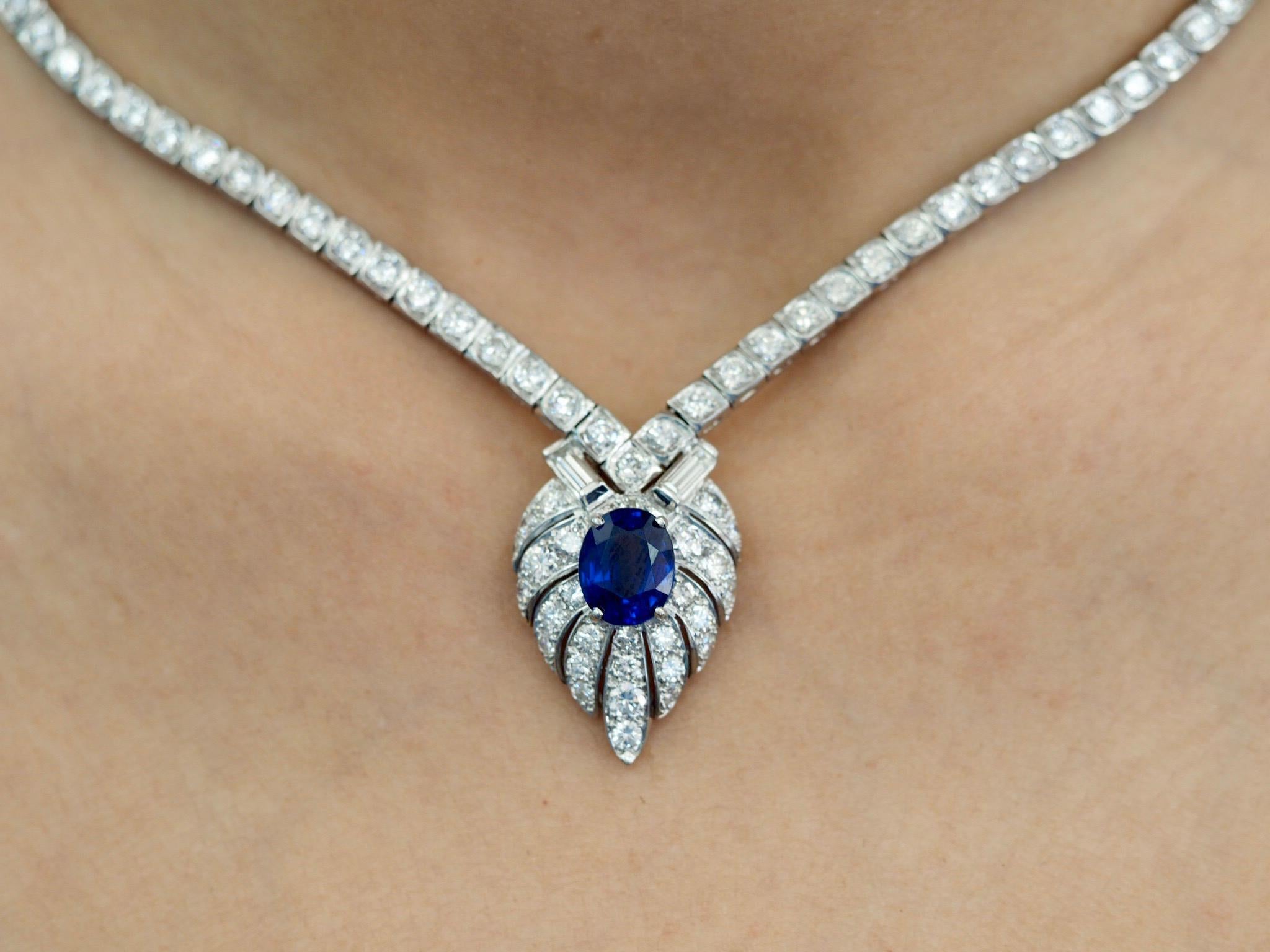 Vintage GIA Sapphire and Diamond Necklace in Platinum For Sale 2