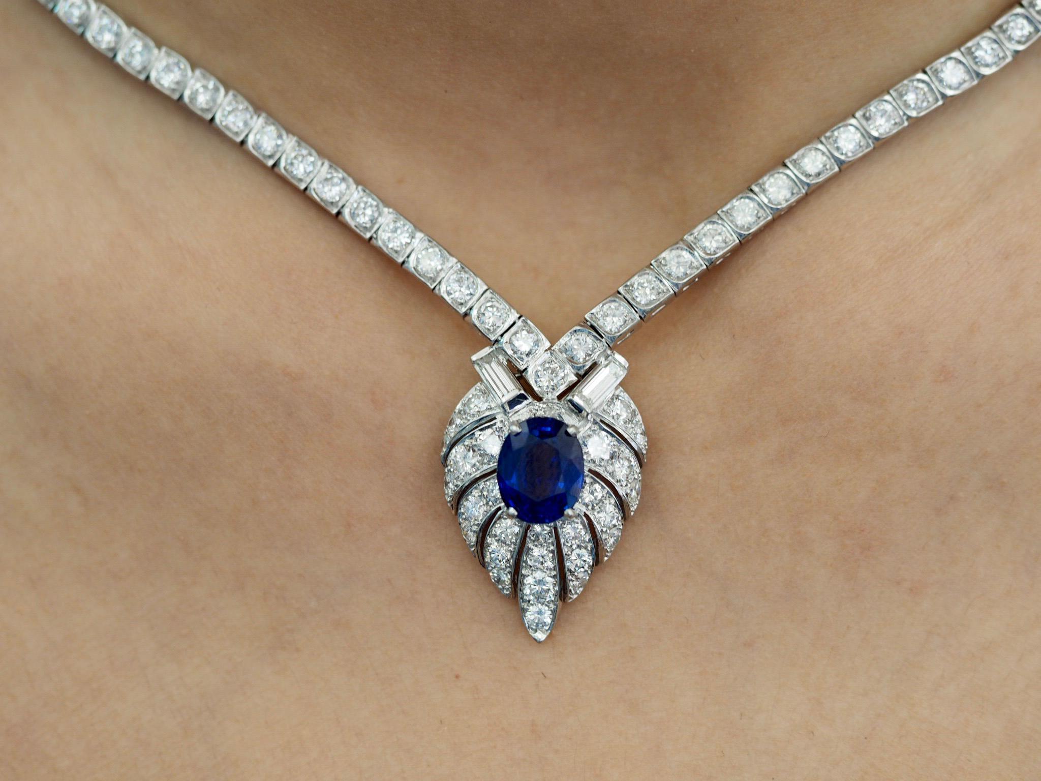 Vintage GIA Sapphire and Diamond Necklace in Platinum For Sale 3