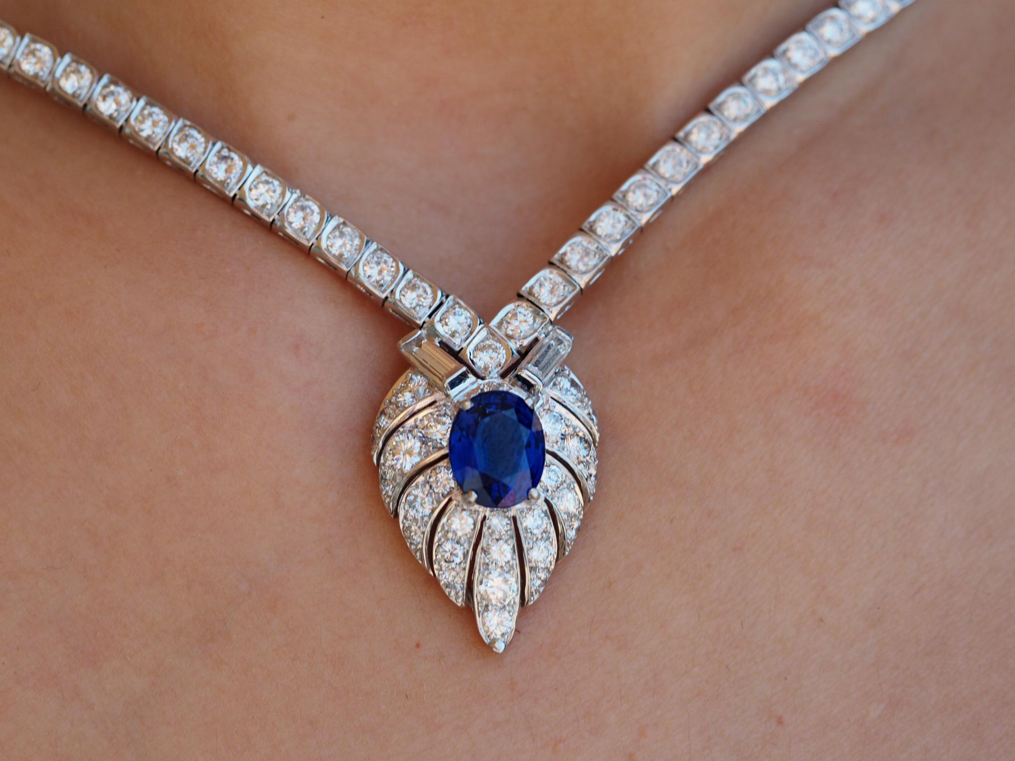 Vintage GIA Sapphire and Diamond Necklace in Platinum For Sale 4