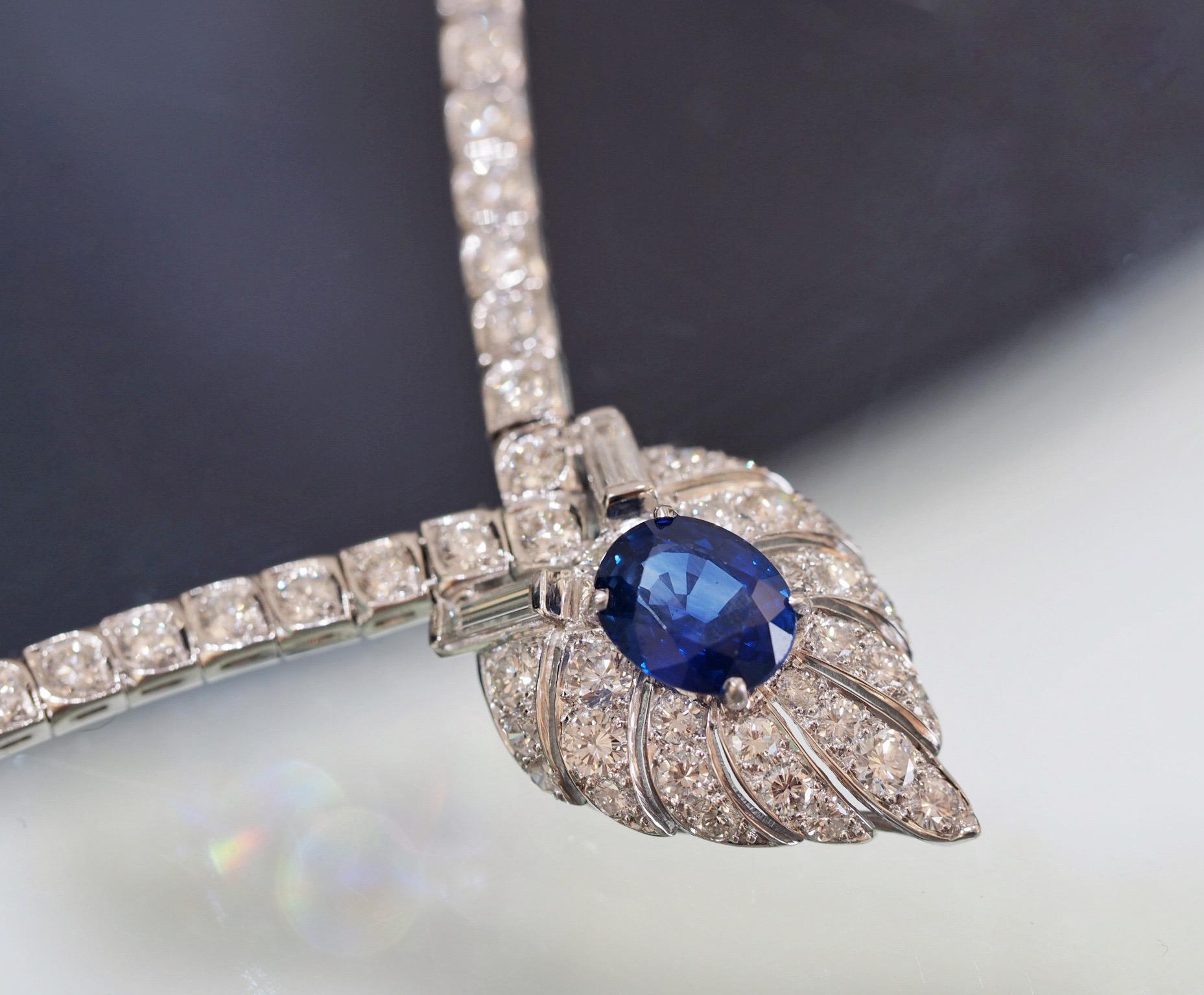 Art Deco Vintage GIA Sapphire and Diamond Necklace in Platinum For Sale