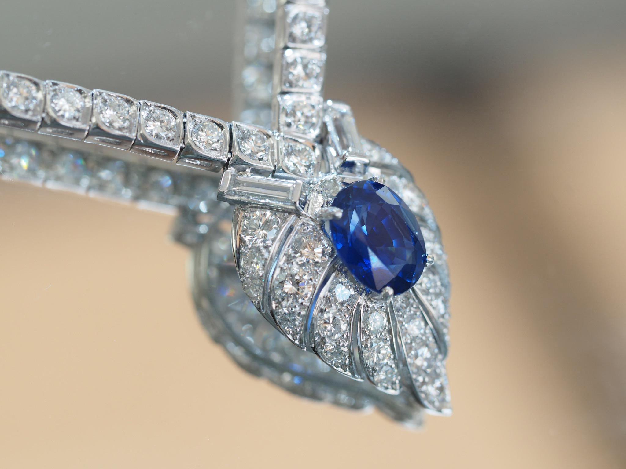Women's or Men's Vintage GIA Sapphire and Diamond Necklace in Platinum For Sale