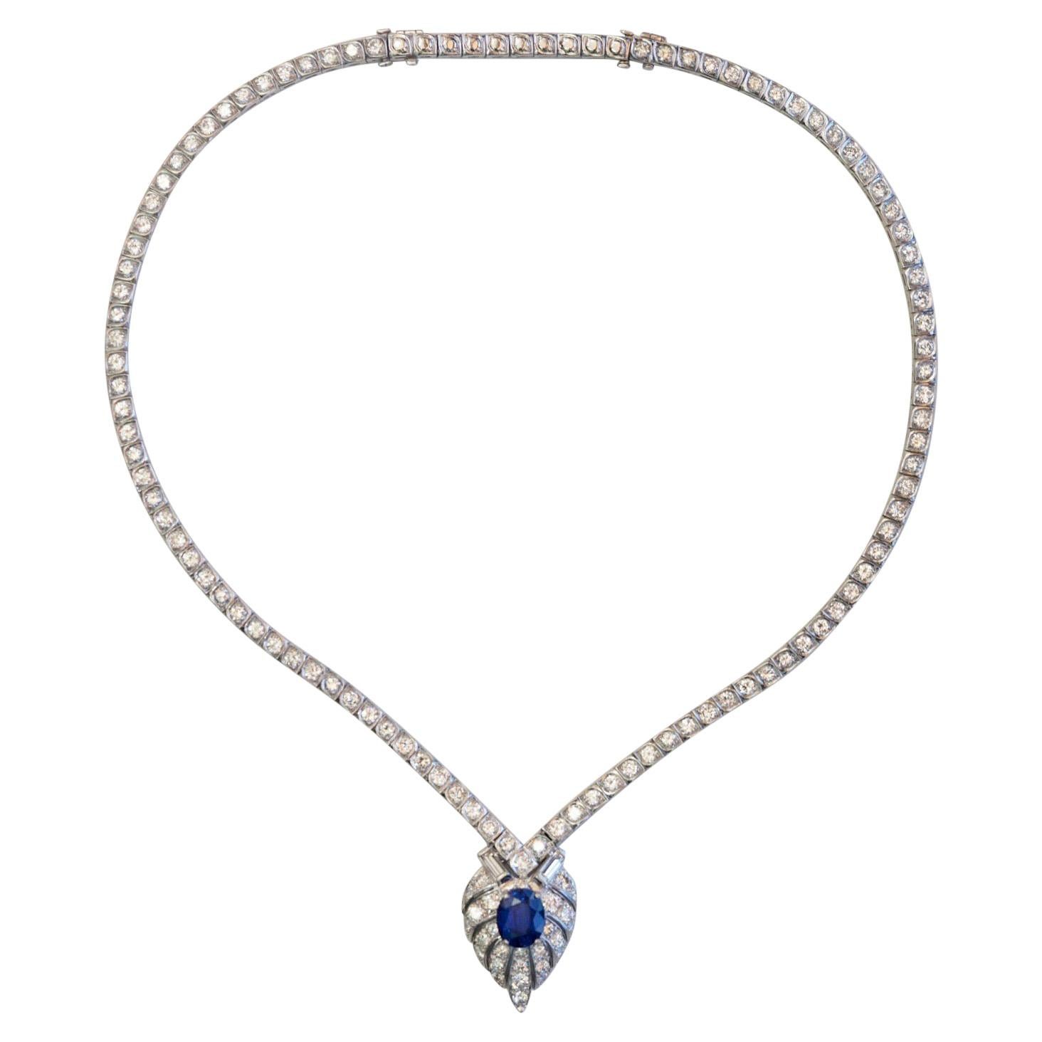 Vintage GIA Sapphire and Diamond Necklace in Platinum