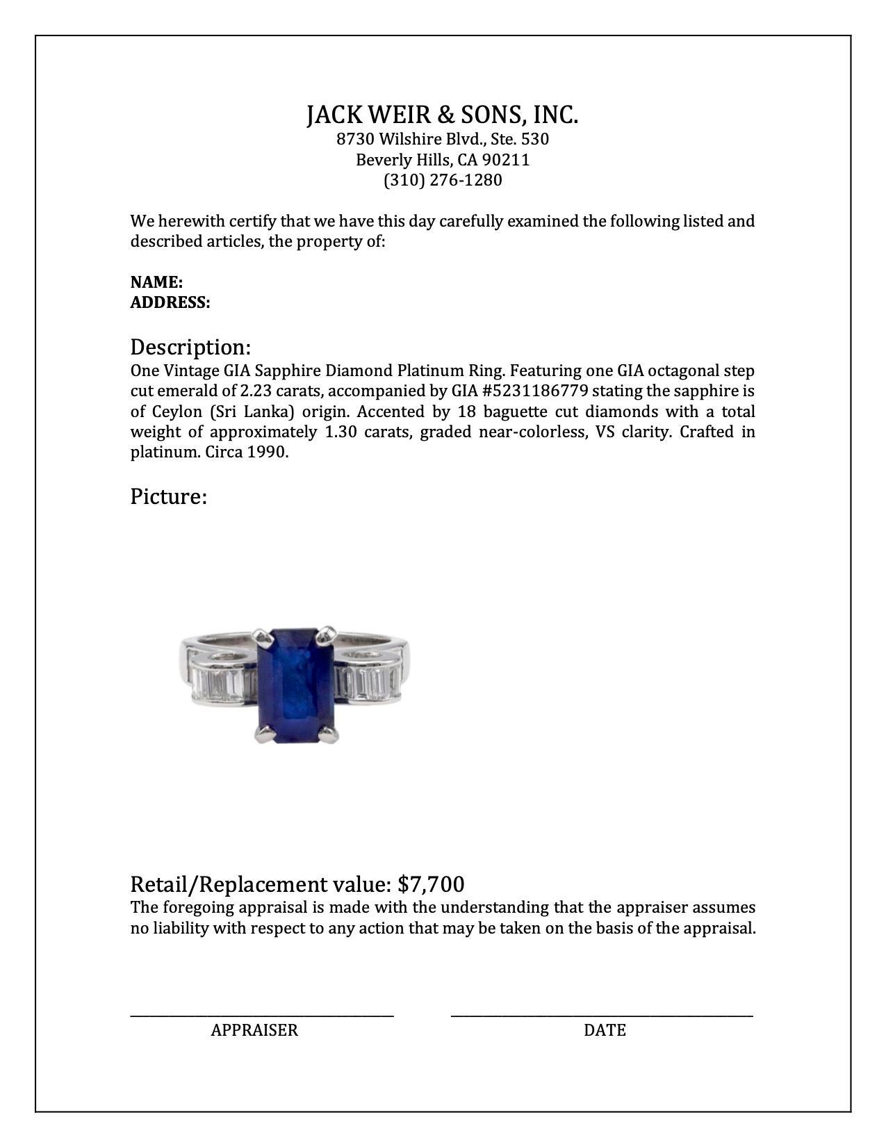 Vintage GIA Sapphire Diamond Platinum Ring For Sale 3