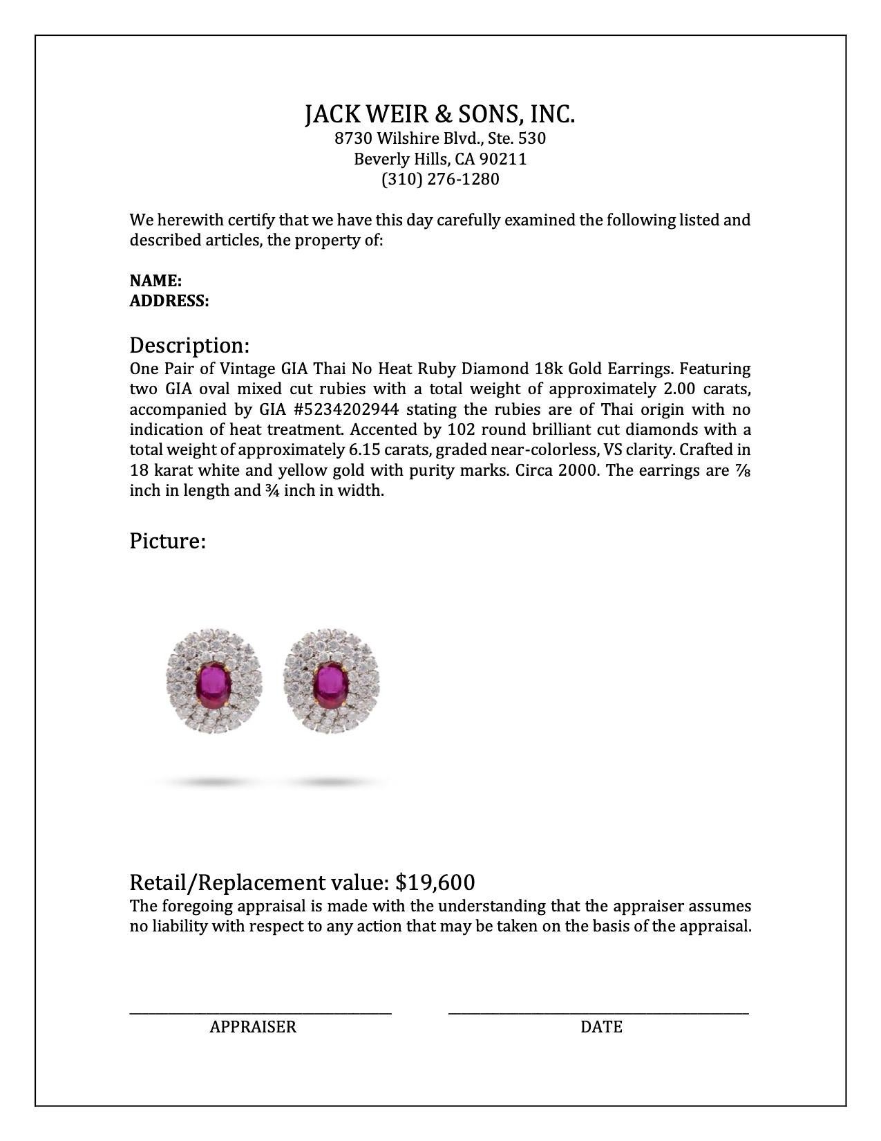 Women's or Men's Vintage GIA Thai No Heat Ruby Diamond 18k Gold Earrings For Sale