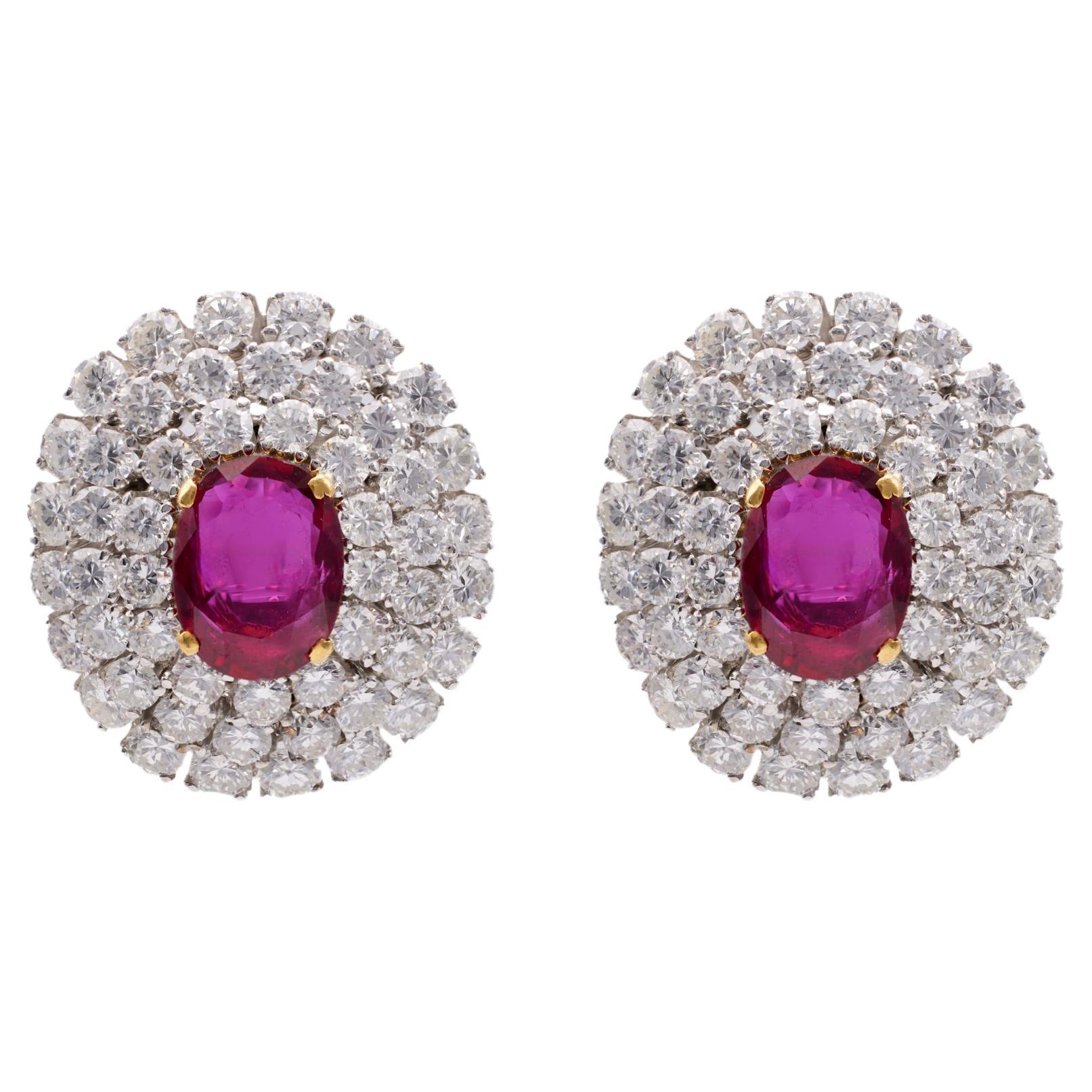 Vintage GIA Thai No Heat Ruby Diamond 18k Gold Earrings For Sale