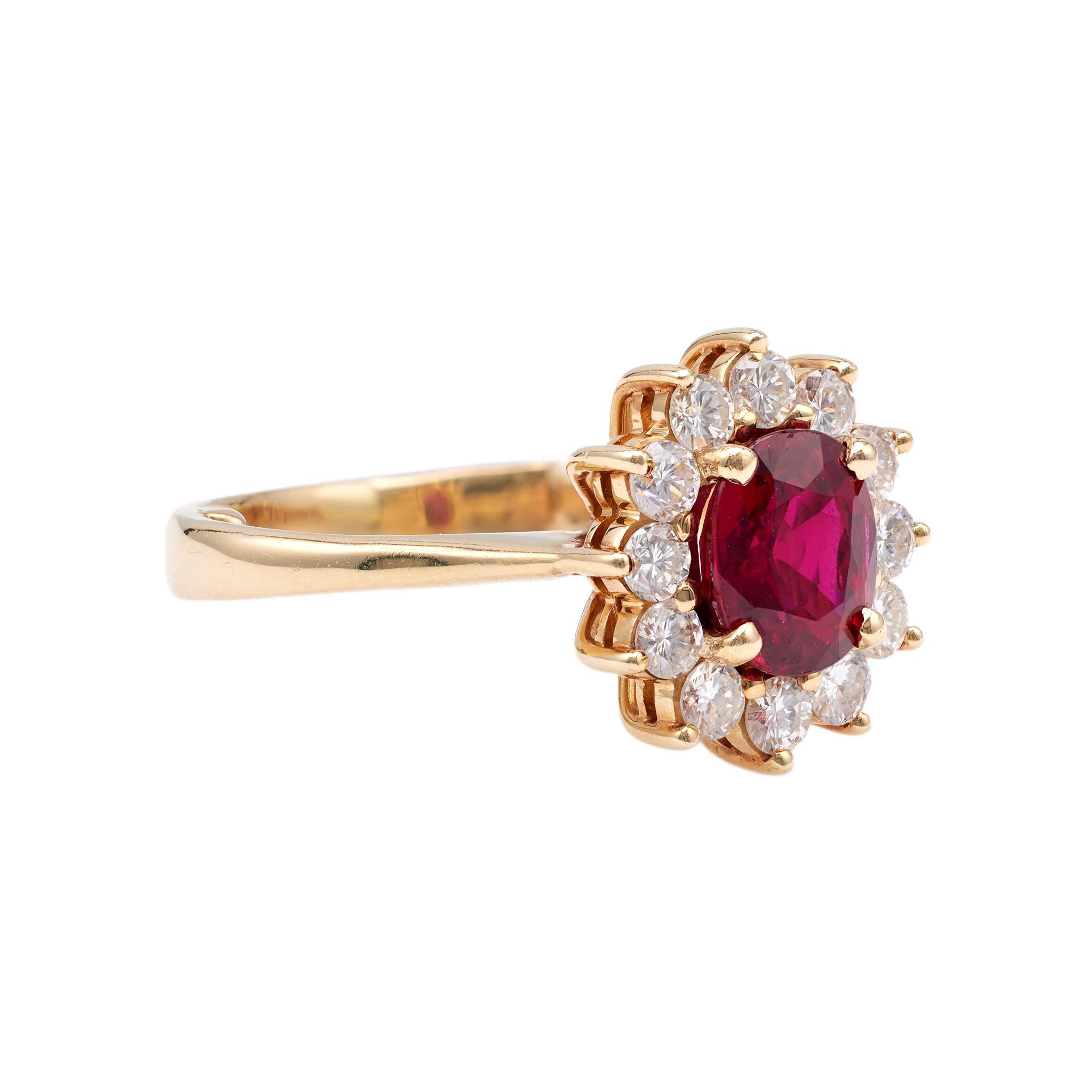 Vintage GIA Thai No Heat Ruby Diamond 18k Yellow Gold Cluster Ring 5
