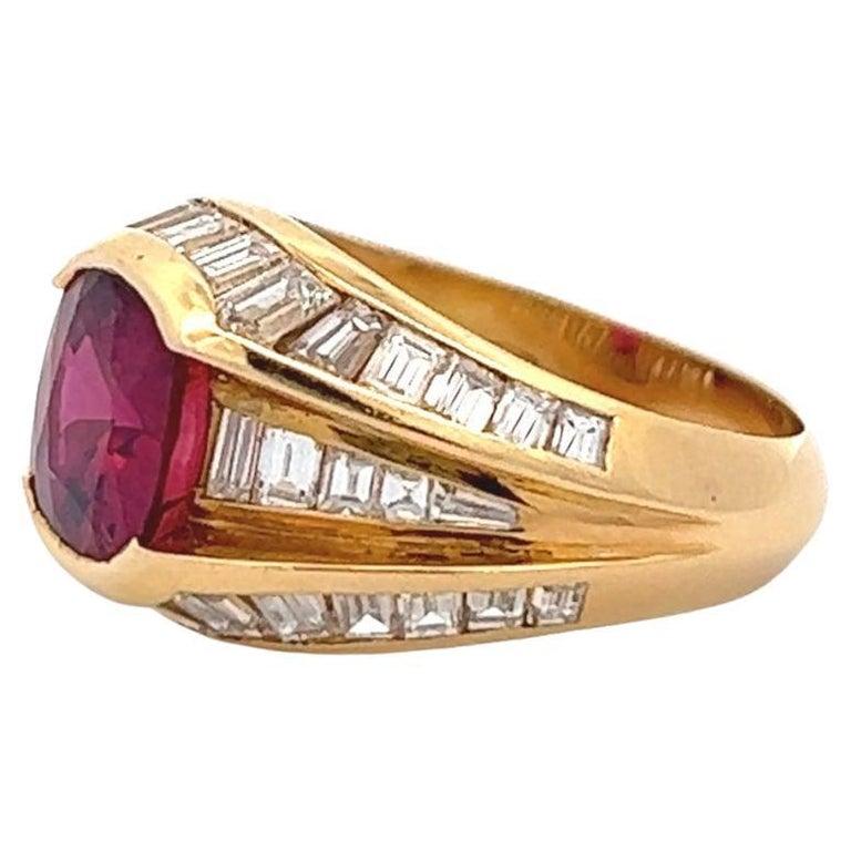 Baguette Cut Vintage GIA Thailand Ruby Diamond 18 Karat Yellow Gold Dome Ring