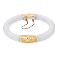 Vintage GIA Yellow Gold Type A White Jadeite Hinged Engraved Bangle