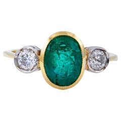 Vintage GIA Zambian Emerald and Diamond 18k Two Tone Three Stone Ring