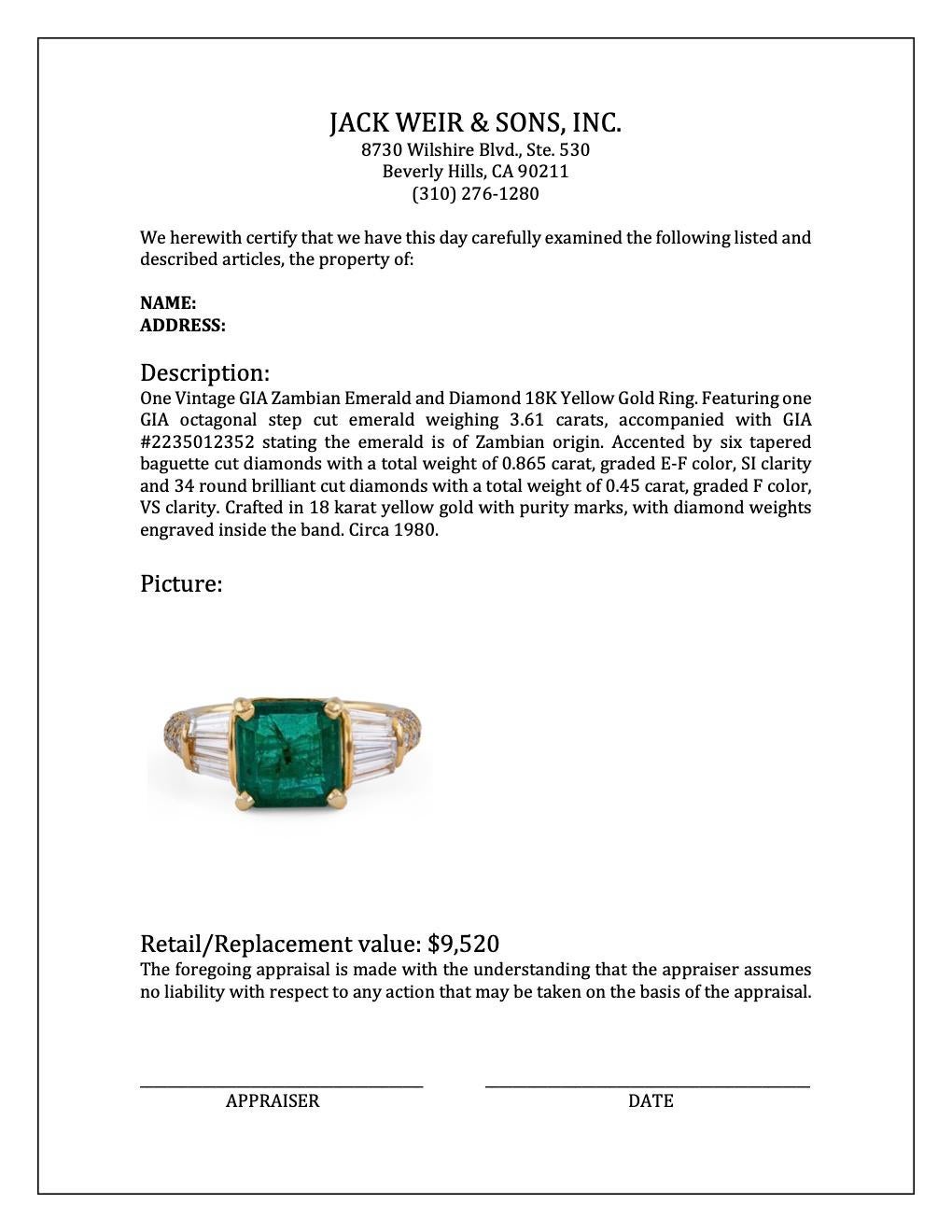 Vintage GIA Zambian Emerald and Diamond 18K Yellow Gold Ring 2