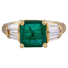 Vintage GIA Zambian Emerald and Diamond 18K Yellow Gold Ring