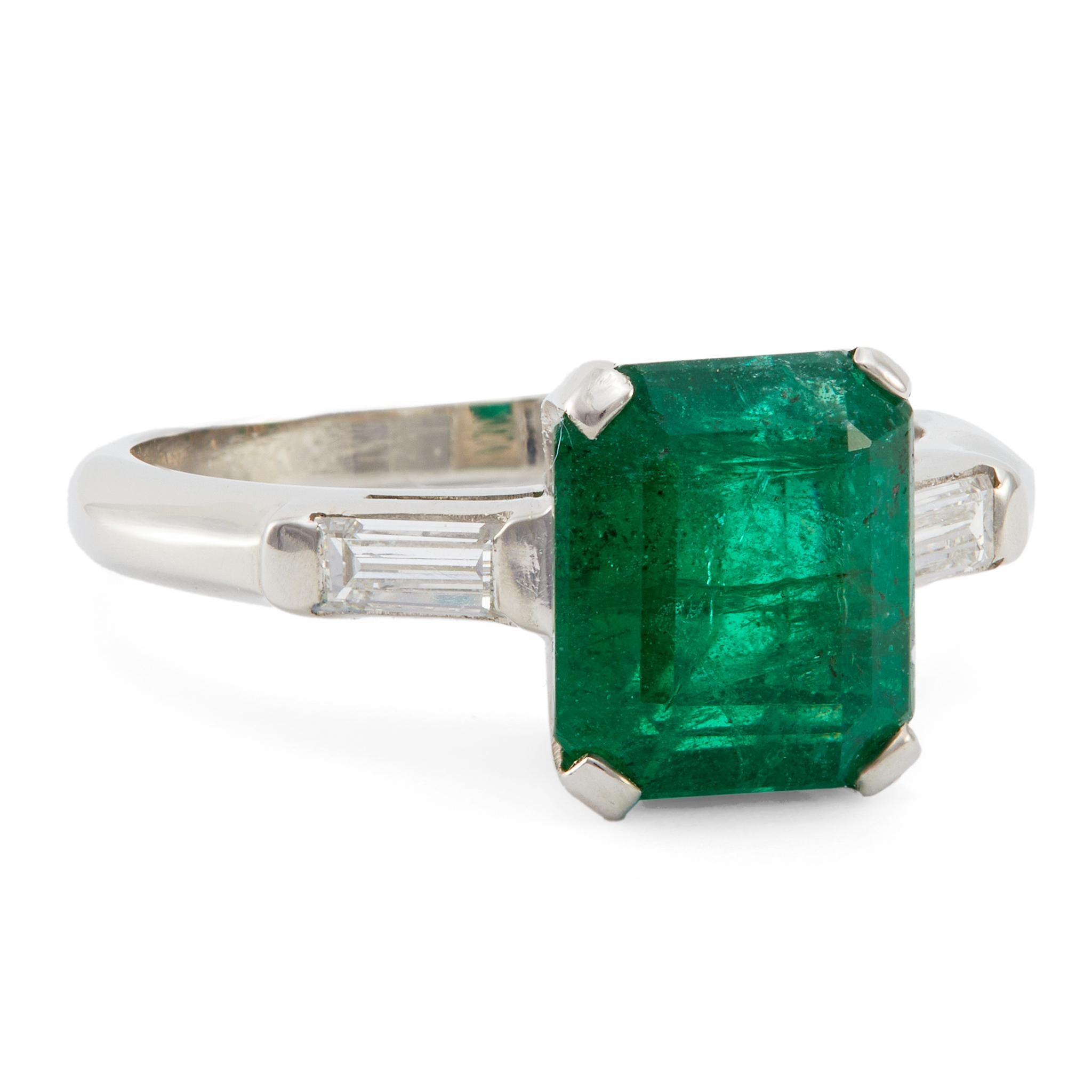 Women's or Men's Vintage GIA Zambian Emerald and Diamond Platinum Ring For Sale