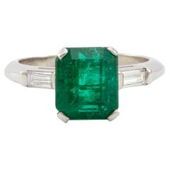 Vintage GIA Zambian Emerald and Diamond Platinum Ring