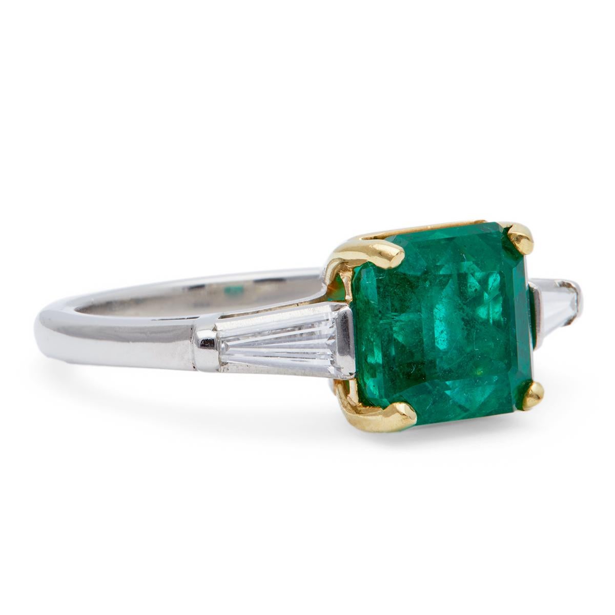 Baguette Cut Vintage Gia Zambian Emerald Diamond Platinum 18 Karat Yellow Gold Ring