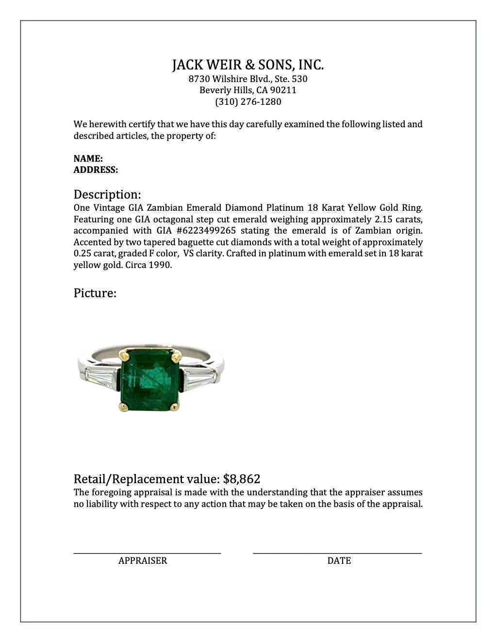 Vintage Gia Zambian Emerald Diamond Platinum 18 Karat Yellow Gold Ring 1