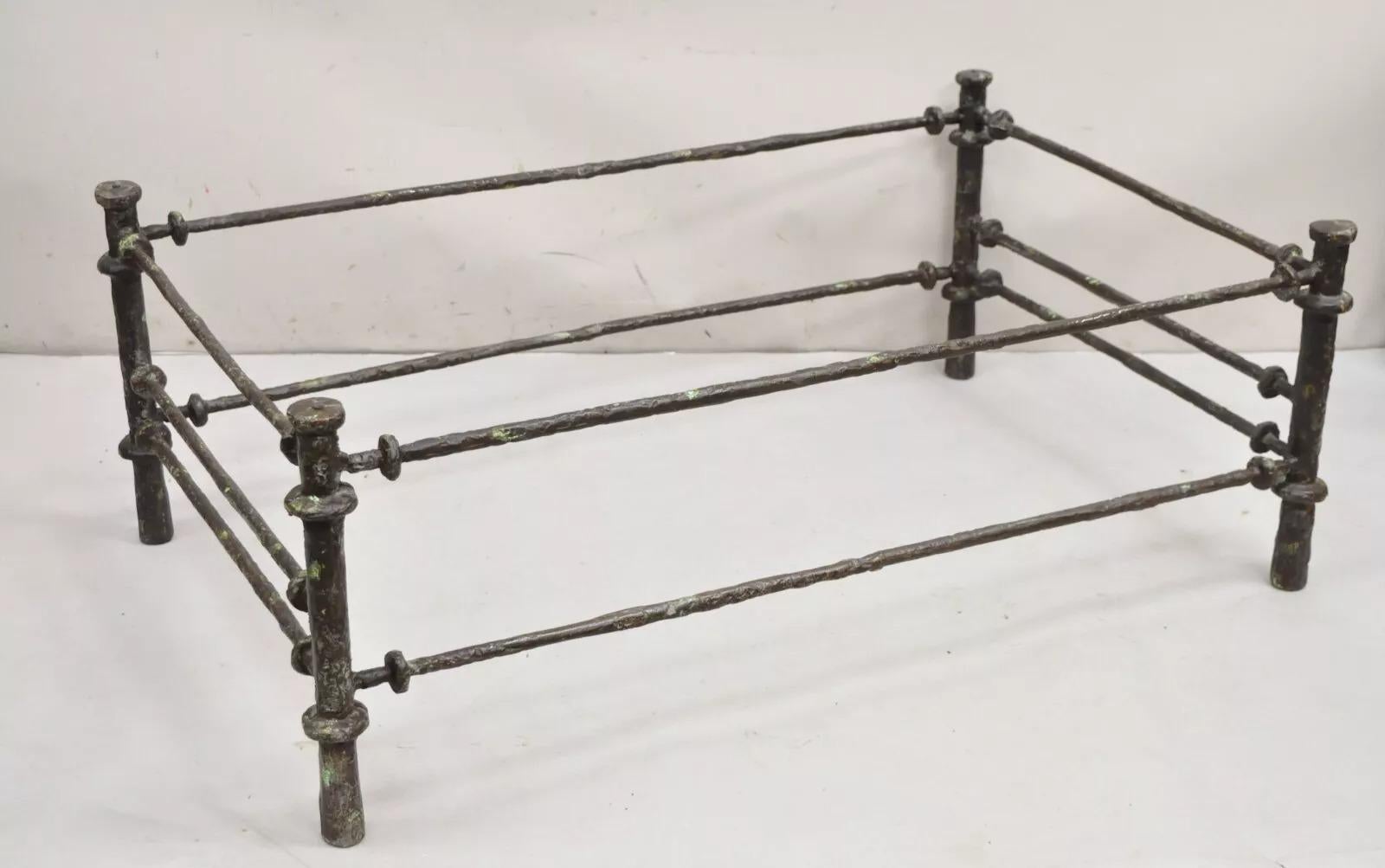 Vintage Giacometti Style Brutalist Patinated Cast Aluminum Metal Rectangular Coffee Table Base (No top). Circa Late 20th Century. Measurements: 15.5