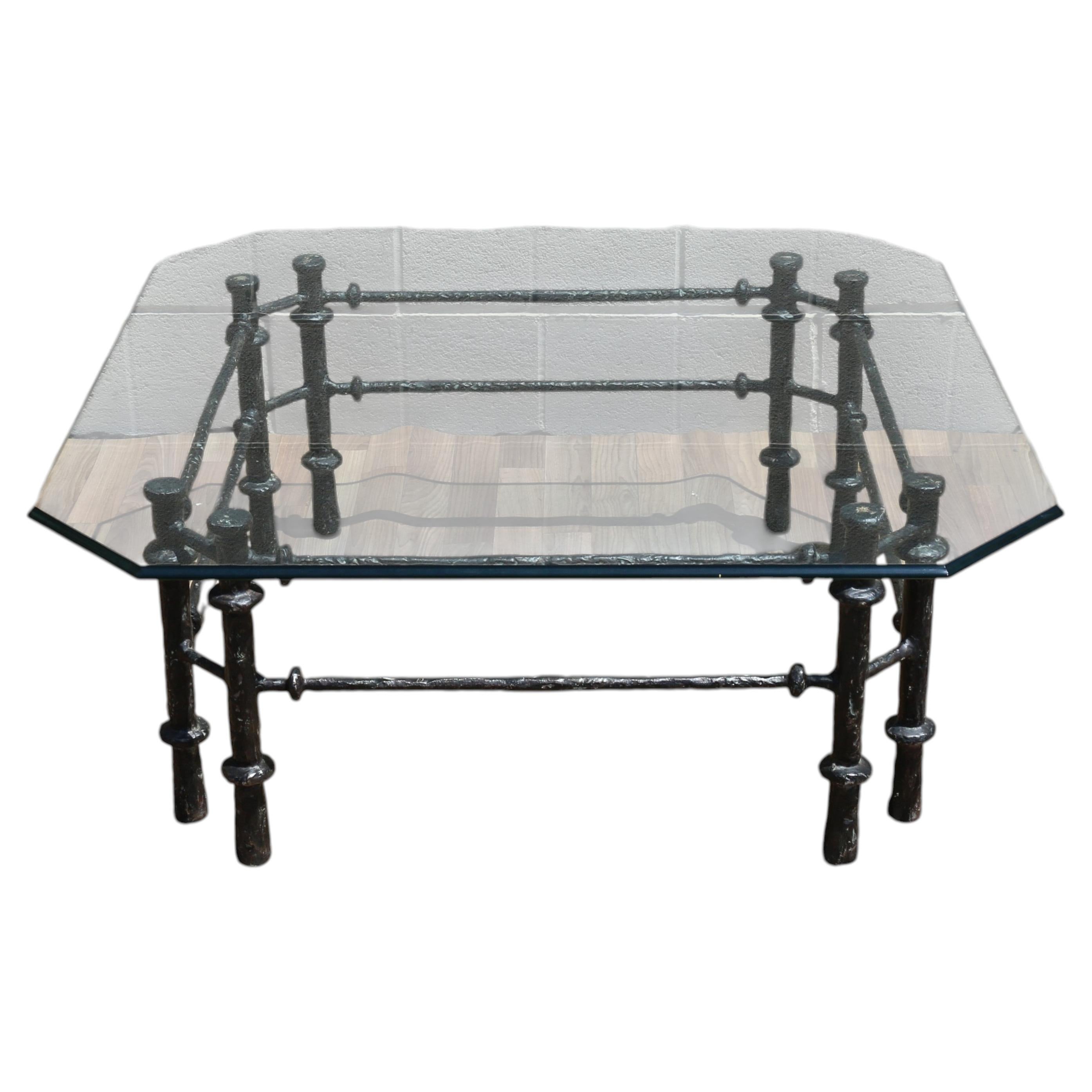Vintage Giacometti Style Brutalist Sculptural Metal & Glass Coffee Table, 1970s