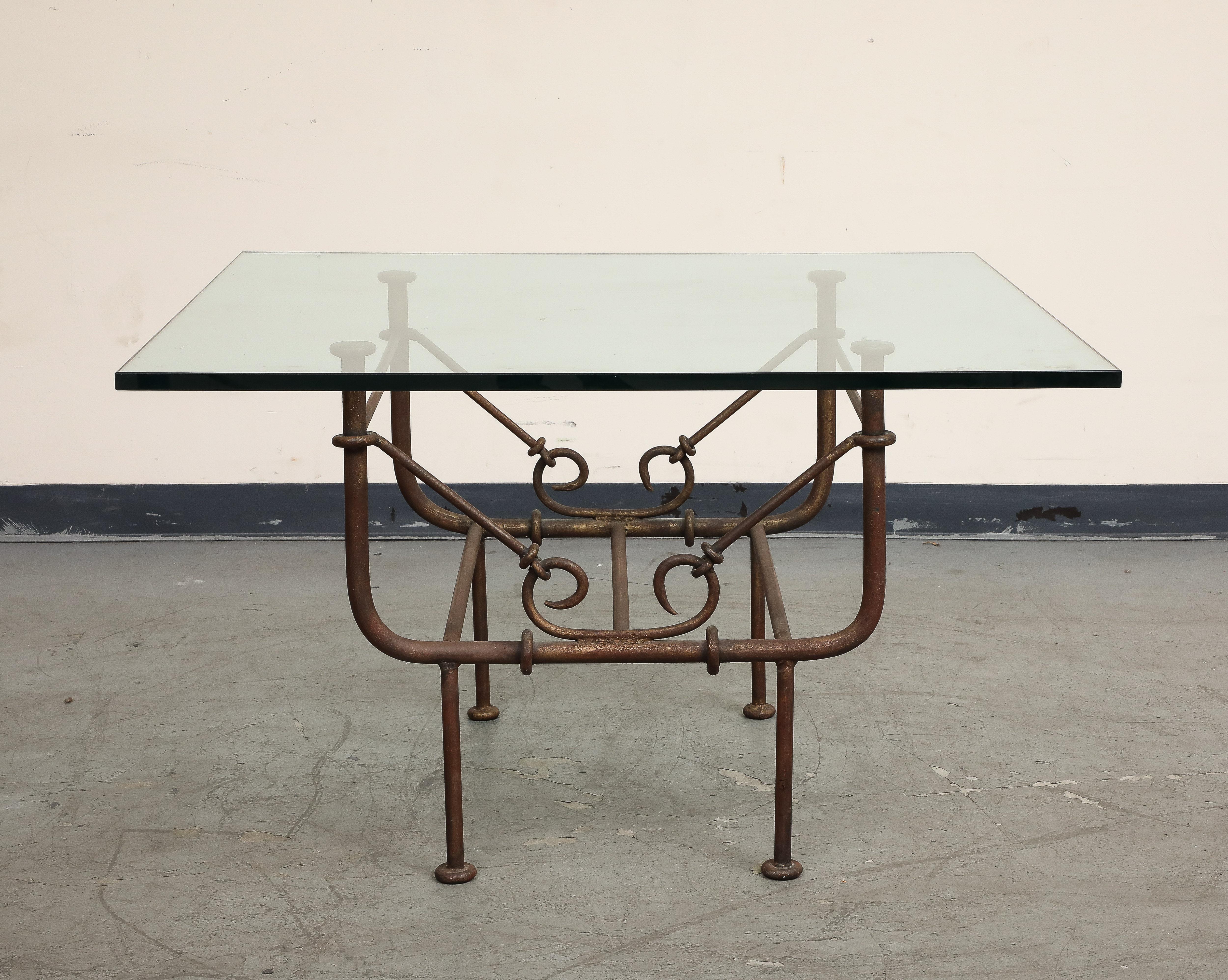 Italian Vintage Giacometti Style Iron Coffee Table with Glass Top For Sale