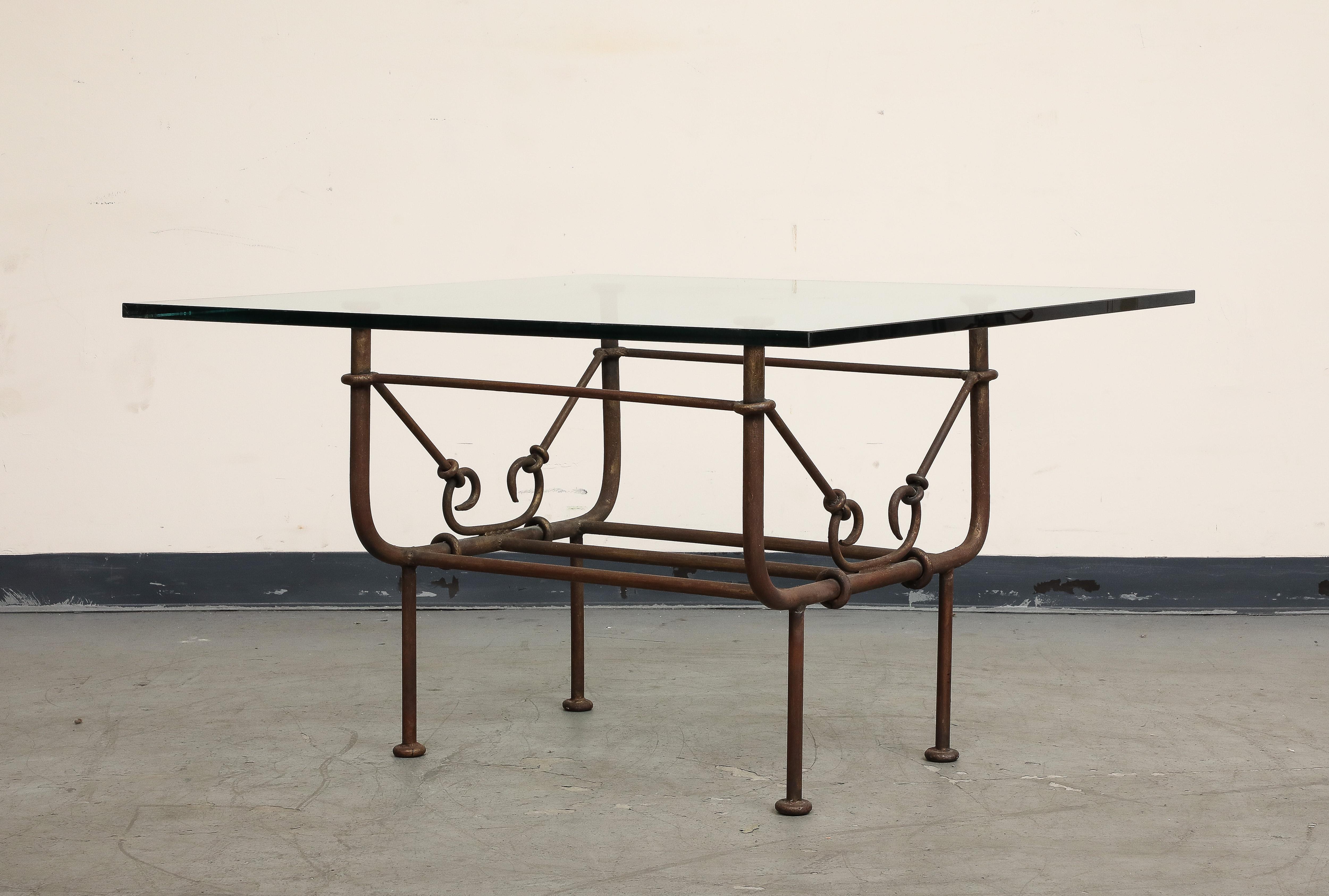 Vintage Giacometti Style Iron Coffee Table with Glass Top In Good Condition For Sale In Chicago, IL