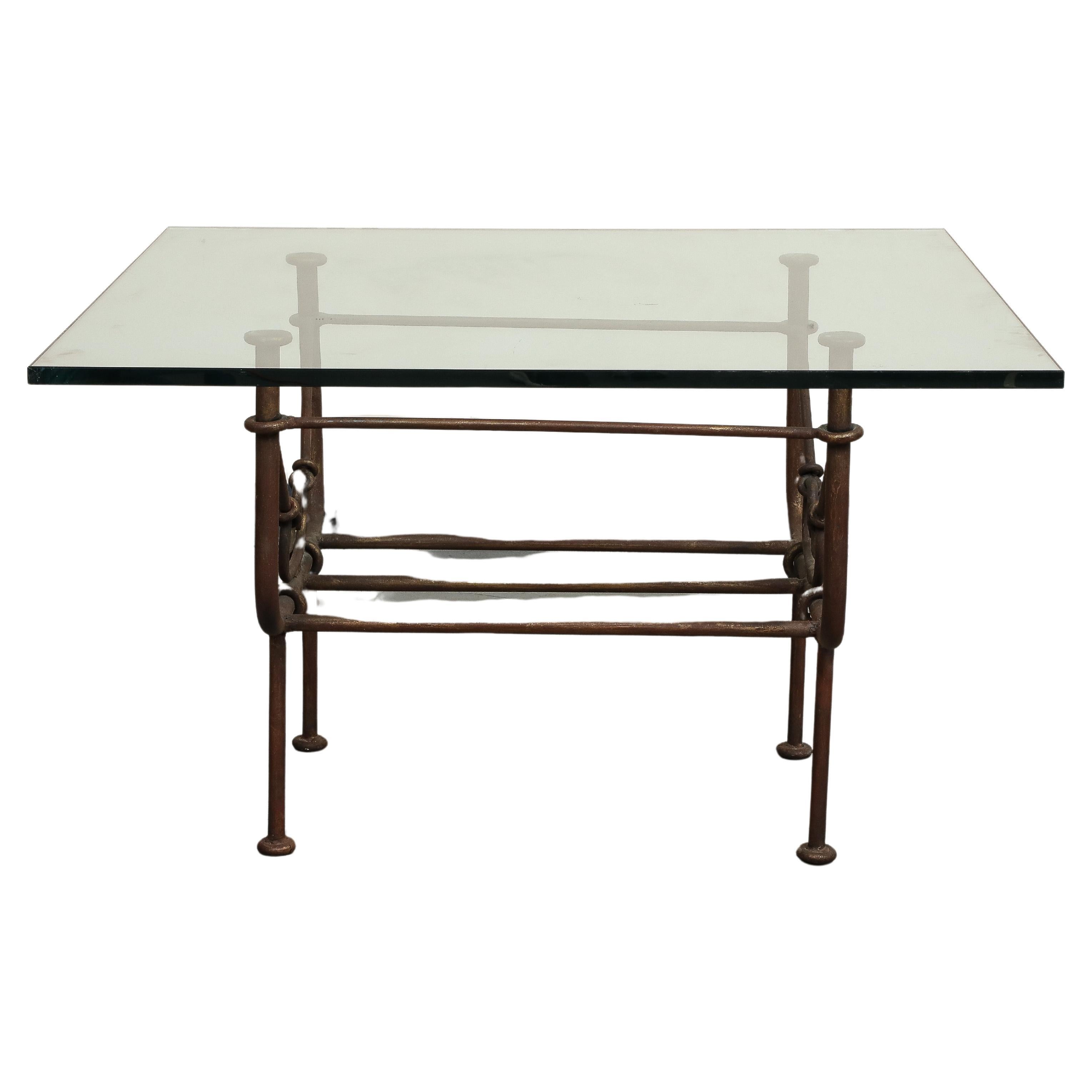 Vintage Giacometti Style Iron Coffee Table with Glass Top For Sale
