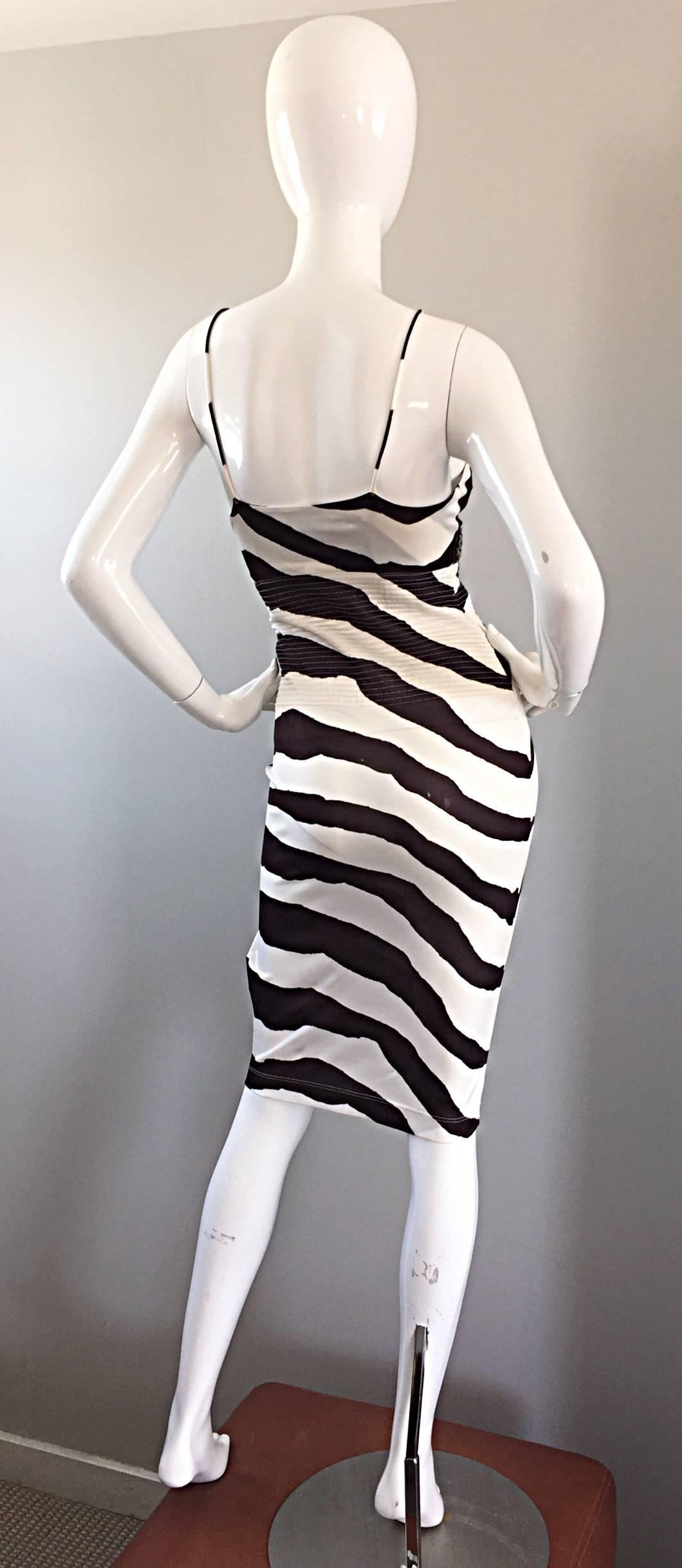 Vintage Gianfranco Ferre 1990s Brown + White Zebra Jeweled BodyCon Jersey Dress In Excellent Condition For Sale In San Diego, CA