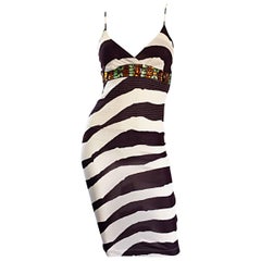 Vintage Gianfranco Ferre 1990s Brown + White Zebra Jeweled BodyCon Jersey Dress