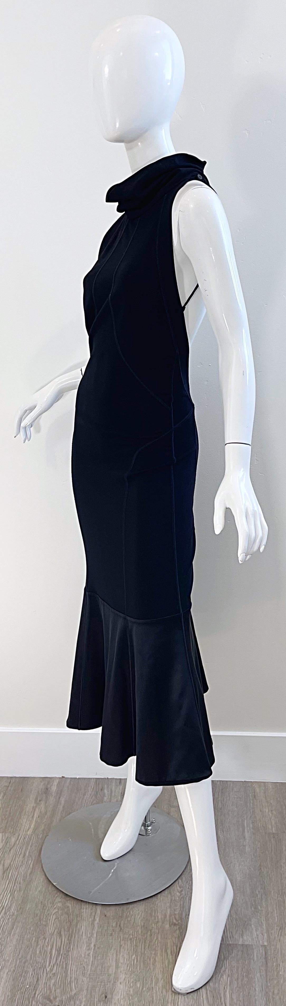 Vintage Gianfranco Ferre 90s Size 46 / 10 Black Jersey Racerback Midi Dress In Excellent Condition For Sale In San Diego, CA