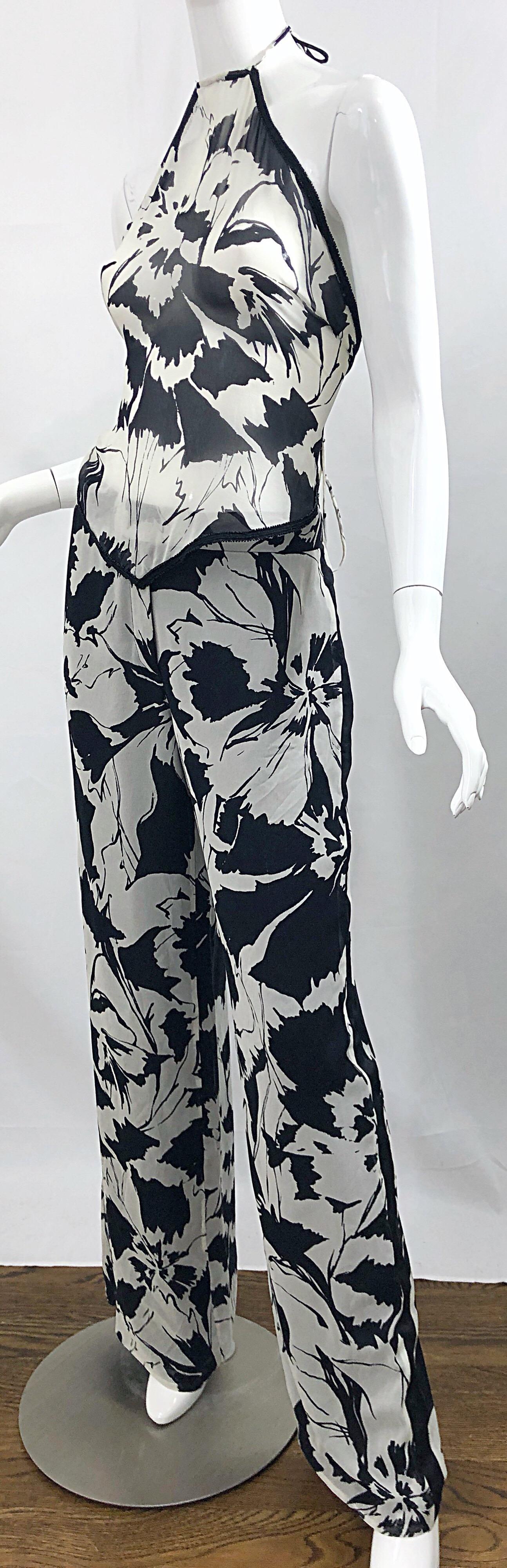 Vintage Gianfranco Ferre Black and White Sheer Chiffon Beaded 90s Wide Leg Set For Sale 4