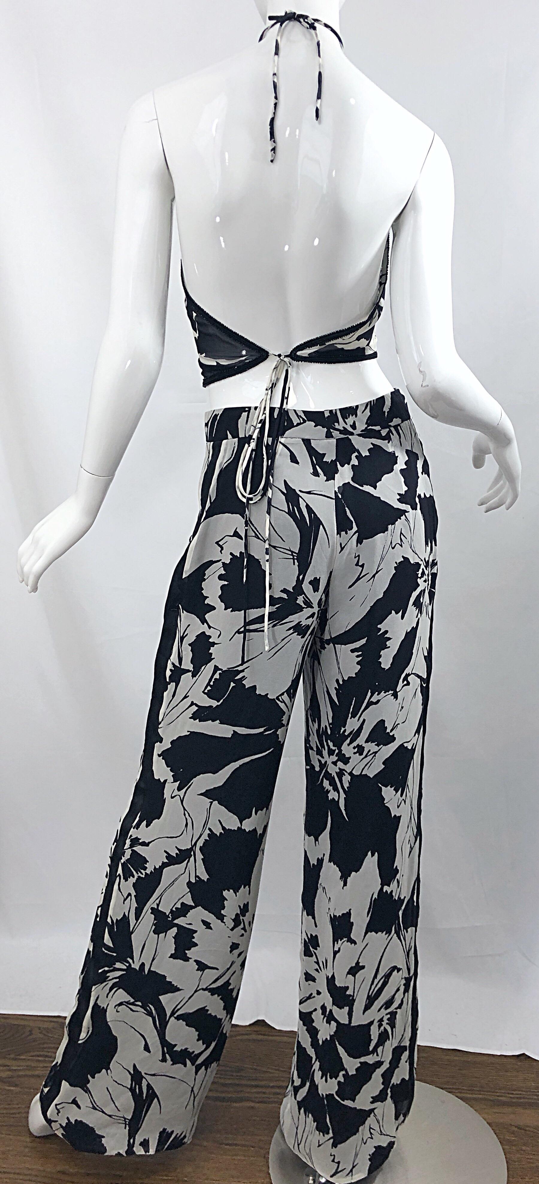 Vintage Gianfranco Ferre Black and White Sheer Chiffon Beaded 90s Wide Leg Set For Sale 5