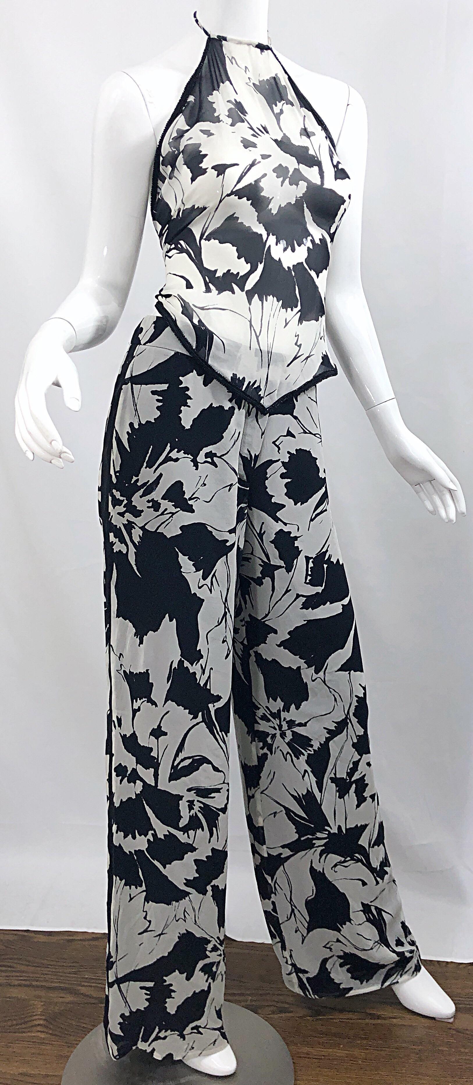 Vintage Gianfranco Ferre Black and White Sheer Chiffon Beaded 90s Wide Leg Set For Sale 6