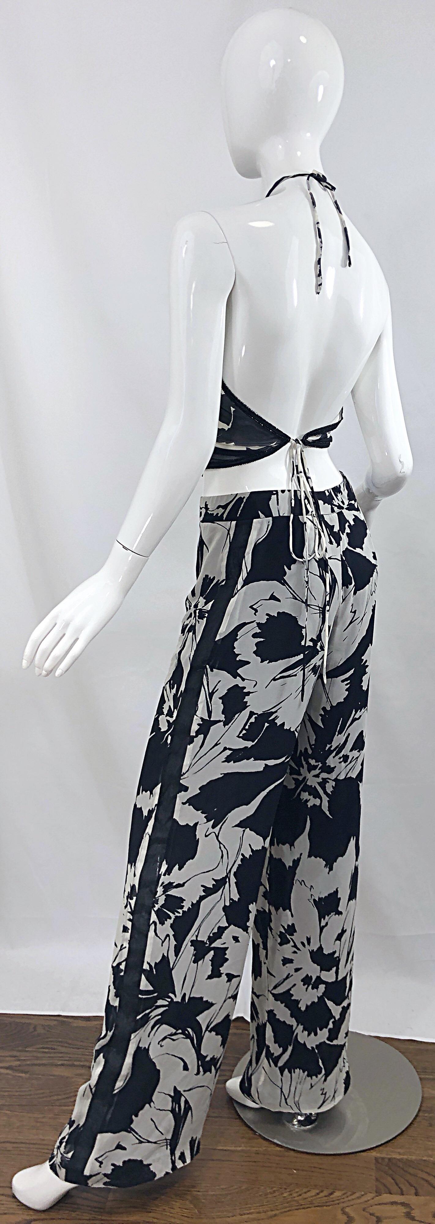 Vintage Gianfranco Ferre Black and White Sheer Chiffon Beaded 90s Wide Leg Set For Sale 8