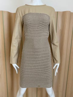 Vintage Gianfranco Ferre Tan Leather and Wool Knit Dress