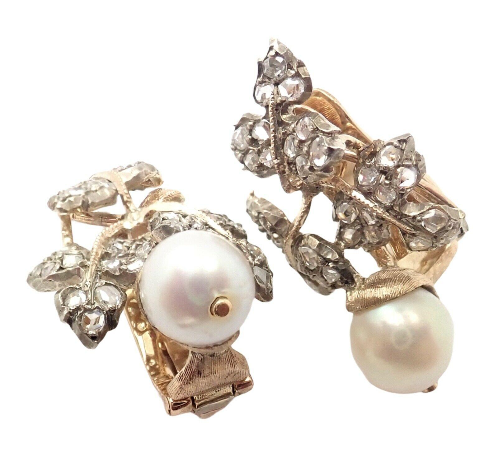 18k Yellow Gold Diamond Pearl Vintage Earrings by Gianmaria Buccellati. 
With 66 Rose Cut Diamonds Total weight is approximately  1.5ct
2 pearls 6.5mm each
These earrings are made for not pierced ears, but they can be converted by adding