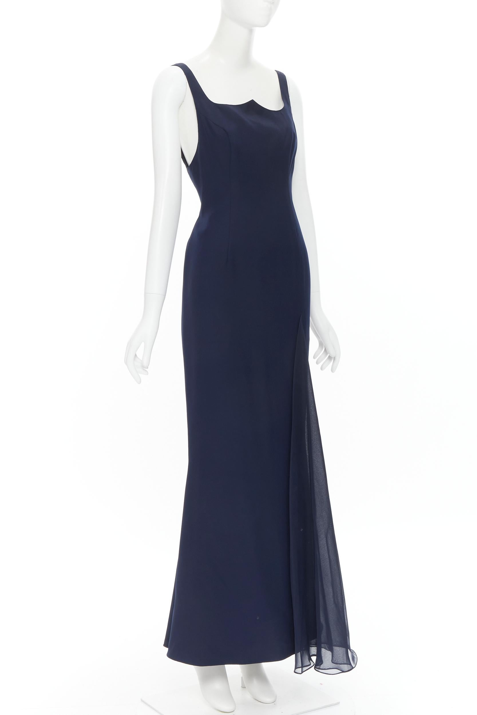 vintage GIANNI VERSACE 1995 sweetheart neckline navy chiffon insert gown IT42 M Reference: TGAS/B01448 
Brand: Gianni Versace 
Designer: Gianni Versace 
Collection: 1995 
Material: Wool crepe 
Color: Navy 
Pattern: Solid 
Closure: Zip 
Extra Detail: