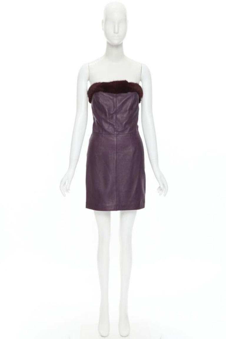 vintage GIANNI VERSACE 1997 purple leather fur trim strapless mini dress IT40 For Sale 7