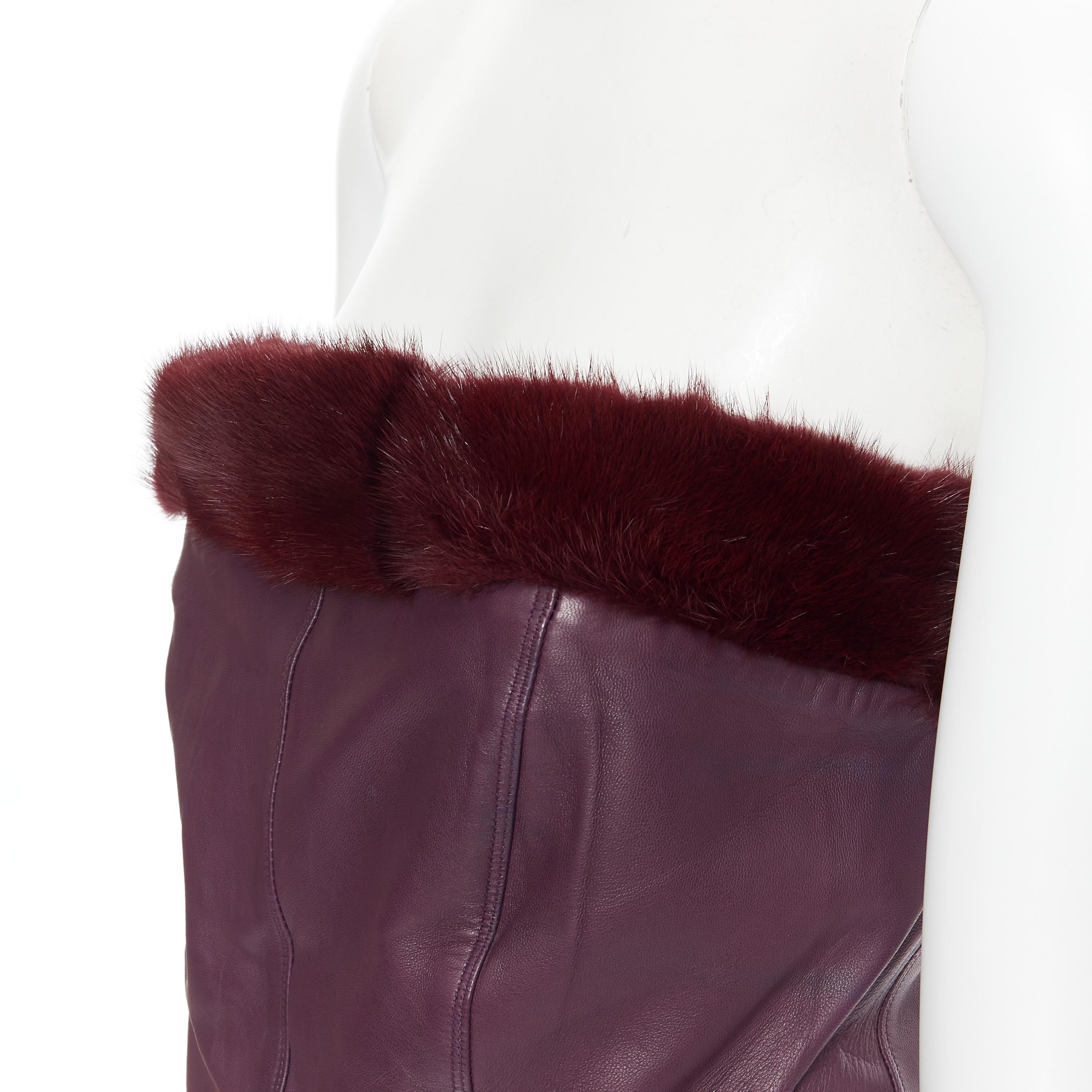 vintage GIANNI VERSACE 1997 purple leather fur trim strapless mini dress IT40 
Reference: GIYG/A00024 
Brand: Gianni Versace 
Designer: Gianni Versace 
Collection: Fall Winter 1997 Runway 
Material: Leather 
Color: Purple 
Pattern: Solid 
Closure: