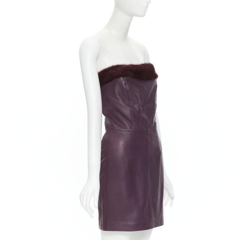 Black vintage GIANNI VERSACE 1997 purple leather fur trim strapless mini dress IT40 For Sale
